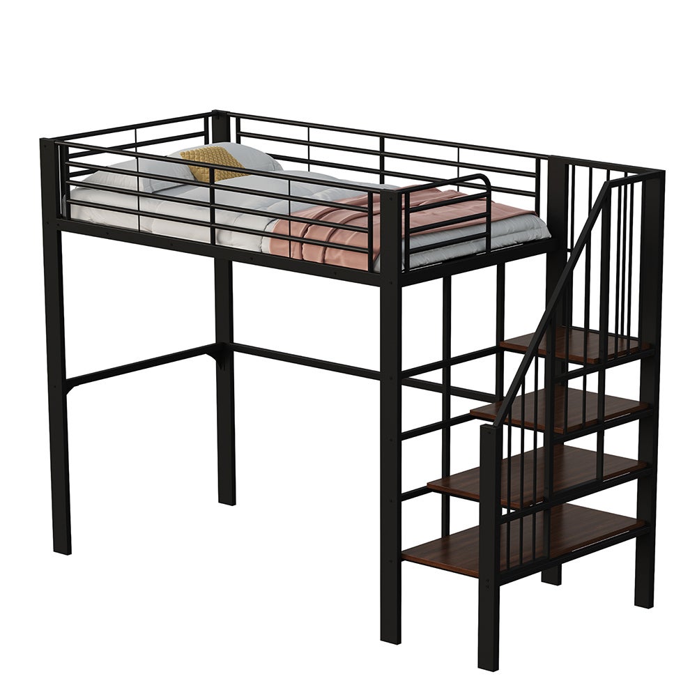 Lit mezzanine 90x200 avec structure métallique stable grand rangement sous lit et escalier pour enfants et adultes - 3