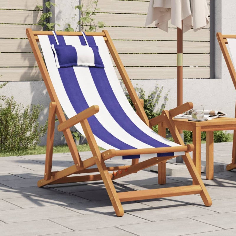 Krzesło plażowe vidaxl z drewna eukaliptusowego składane niebiesko-białe