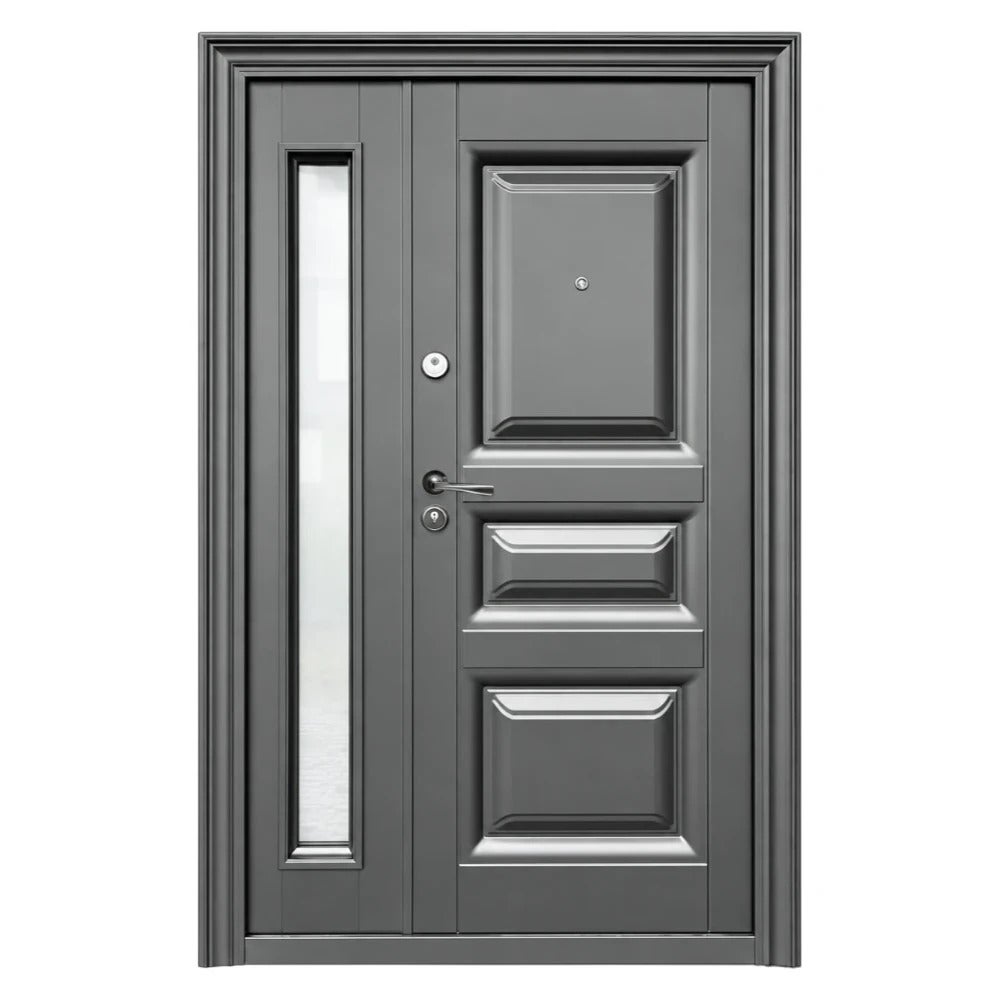 Usa metalica dubla de exterior cu geam termopan si izolatie Novo Doors ND8001, deschidere dreapta, 2 yale, 140x200 cm, tabla 0.7 mm, Gri Antracit