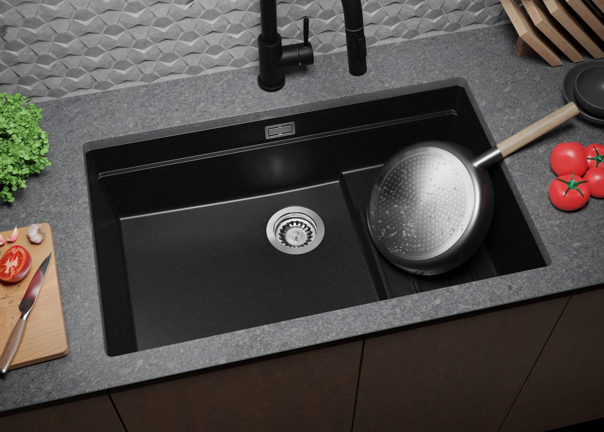 Lavandino sottotop Nero 76x47cm, Lavello in Granito a 1 vasca + Sifone Classico + Accessori, Lavabo da Cucina al mobile 80cm - Prague PRIMAGRAN - 9