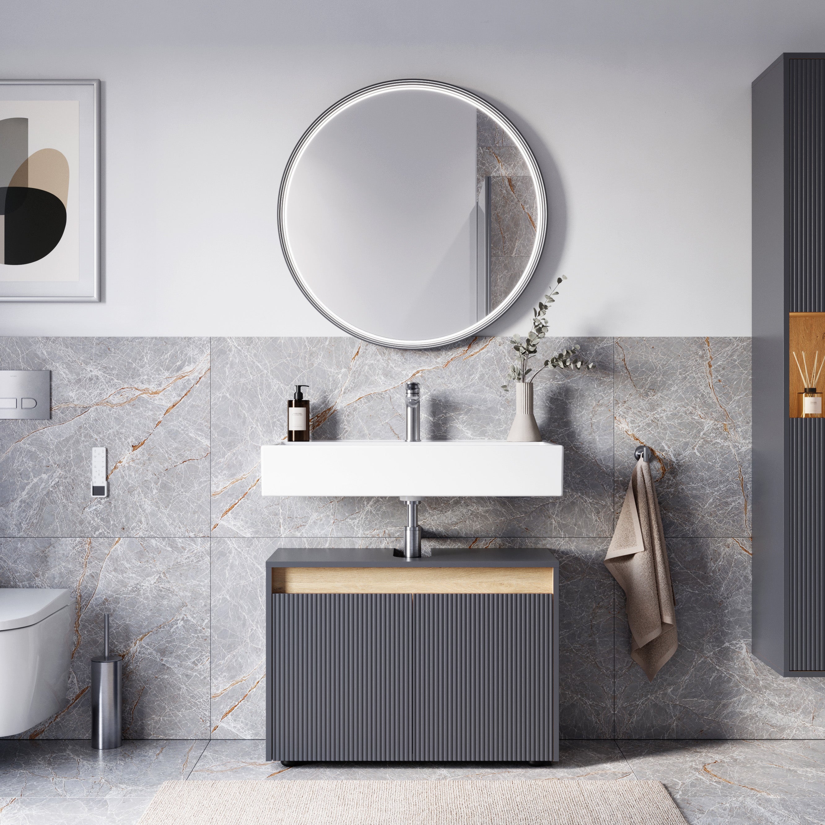 BERNSTEIN - Meuble sous vasque à poser MDF Anthracite mat 80x35x54cm (LxPxH) + 2 portes - BELDIVO - 2