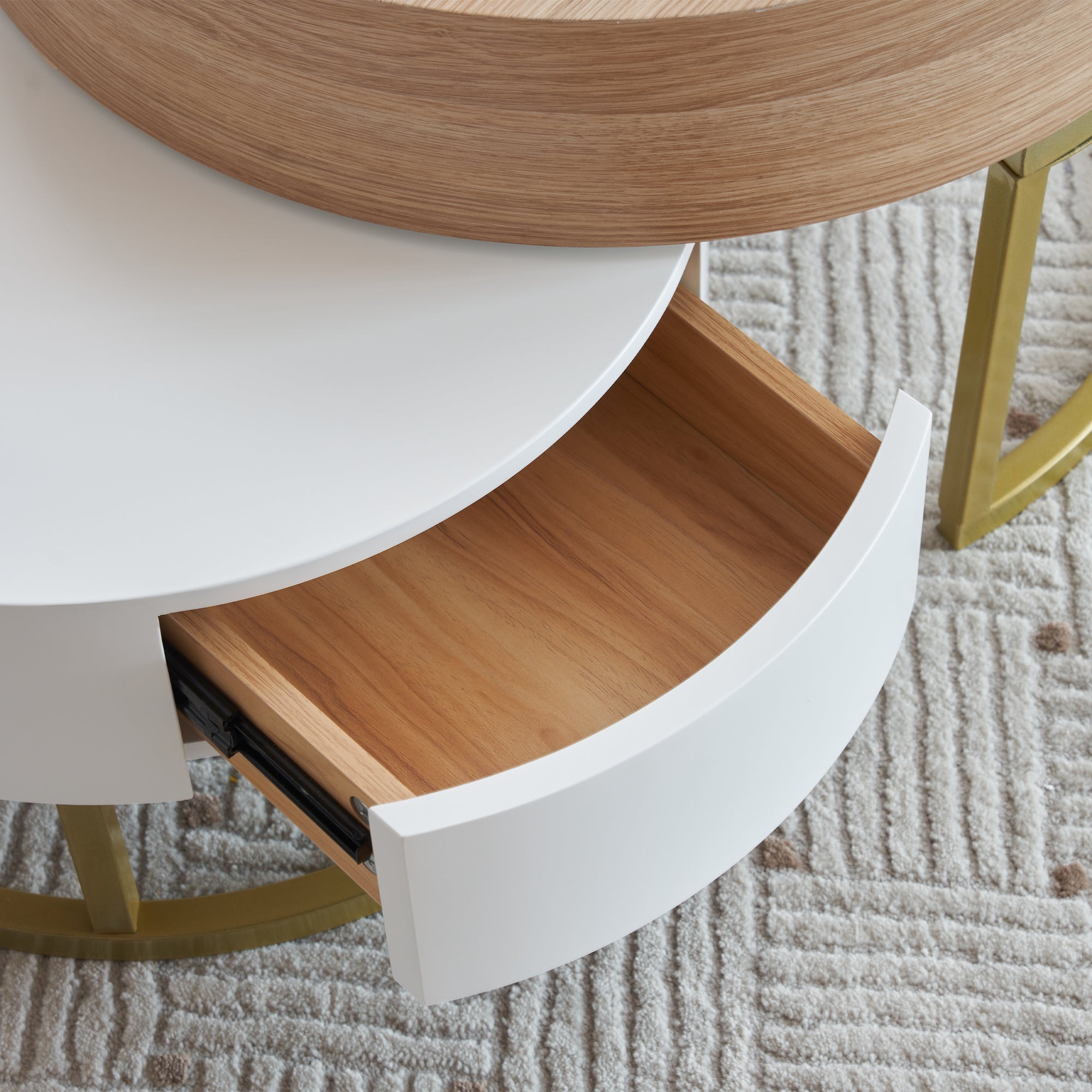 Set di tavolini giganti (70×70×42/56,5 cm, 60×60×27 cm) con piano sollevabile e 2 cassetti, in MDF, bianco e rovere - 9