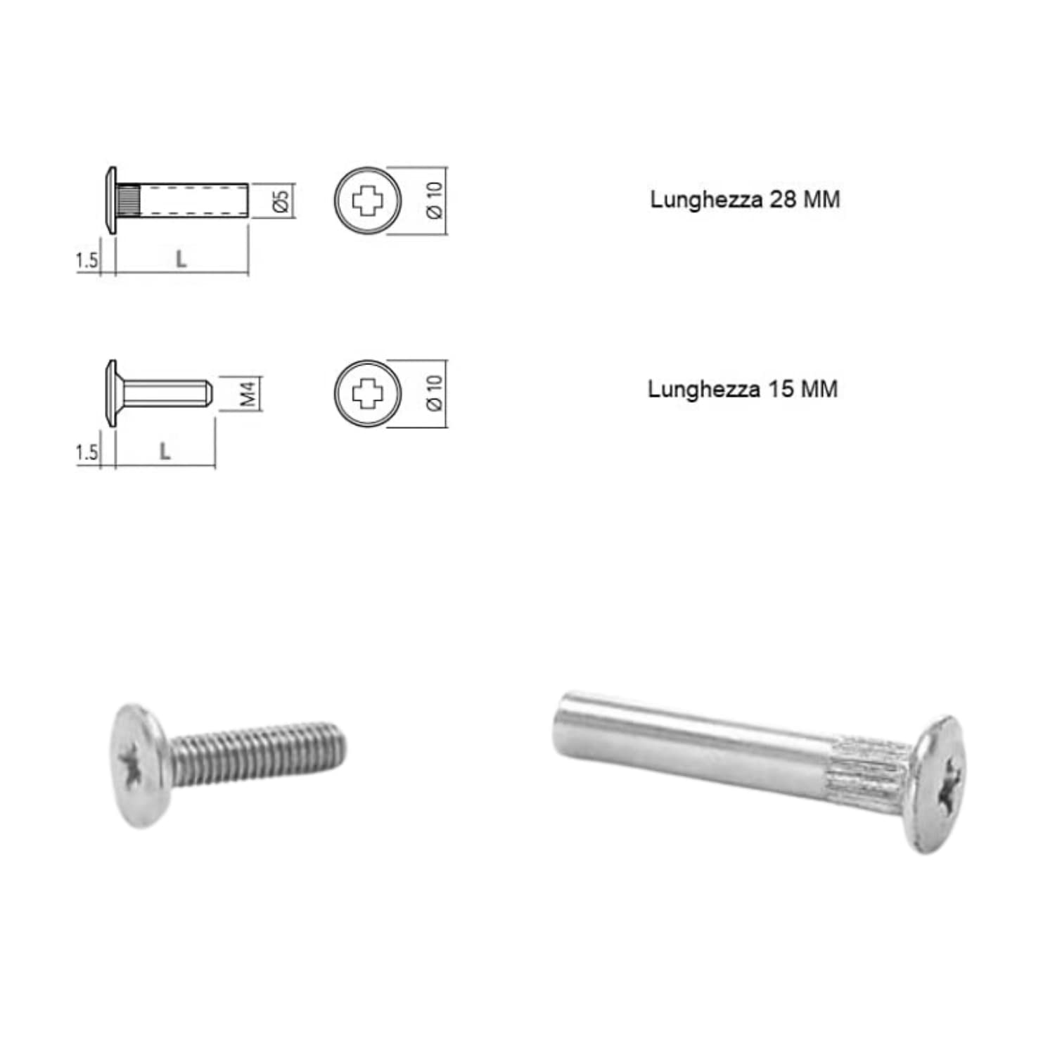Tubetto in Acciaio Testa Piatta con Vite. GIUNZIONI per mobili a Cannocchiale. (100) - 2