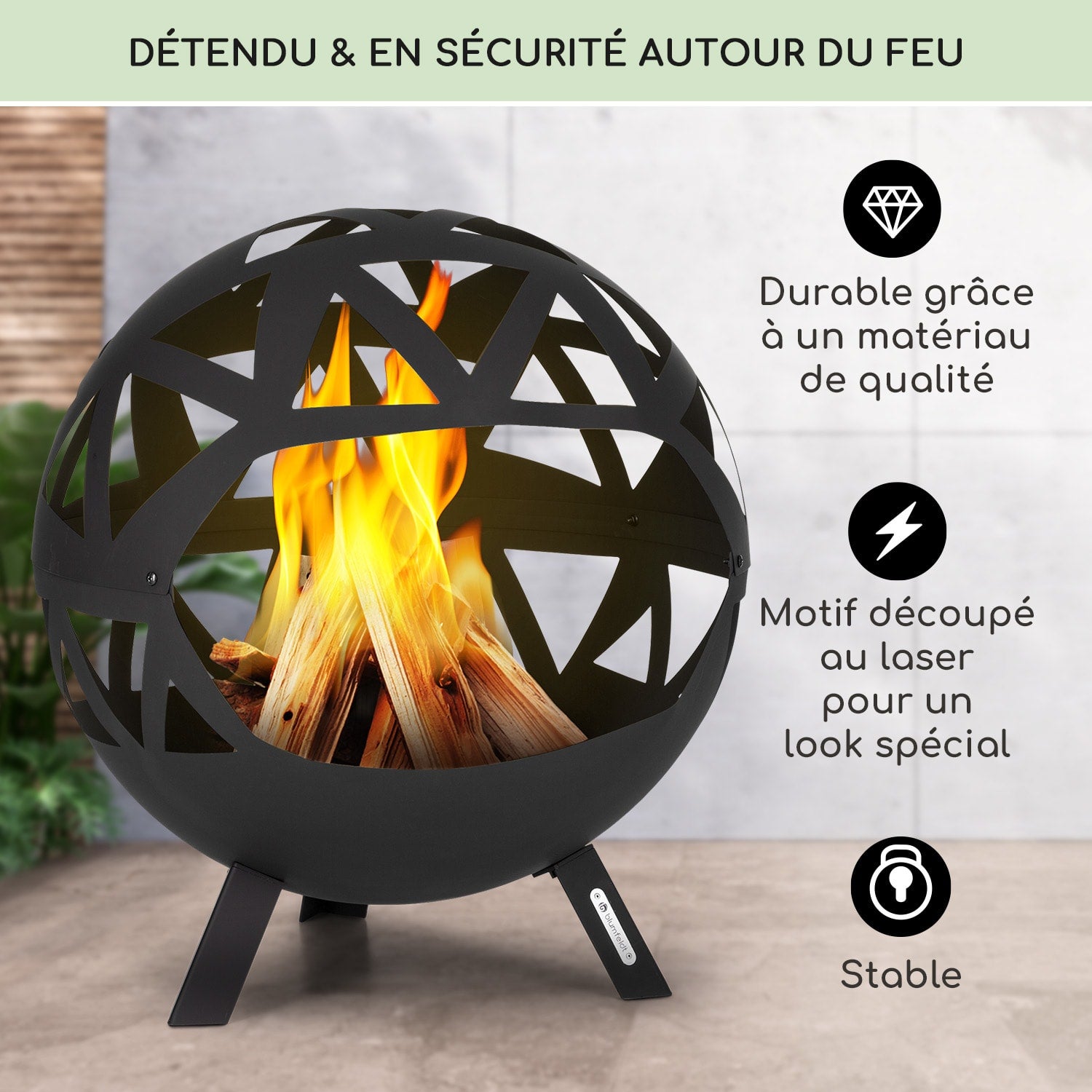 BLUMFELDT Colima brasero Ø 66 cm forme sphérique avec grille à charbon de bois et cendrier géométrique Noir - 2