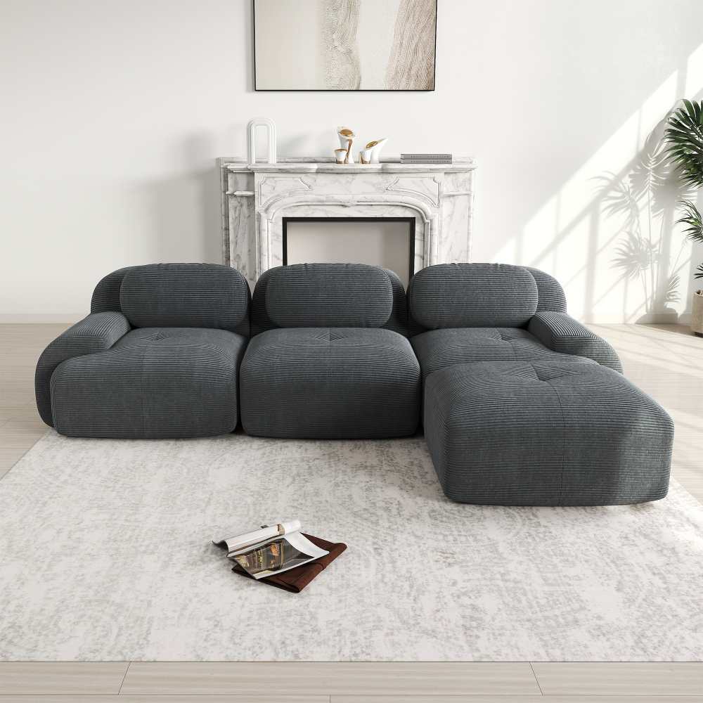 Ergonomiczna, modułowa sofa narożna z prążkowanej tkaniny, przyjazna dla zwierząt, z wypełnieniem o wysokiej elastyczności 32D, do salonu i sypialni