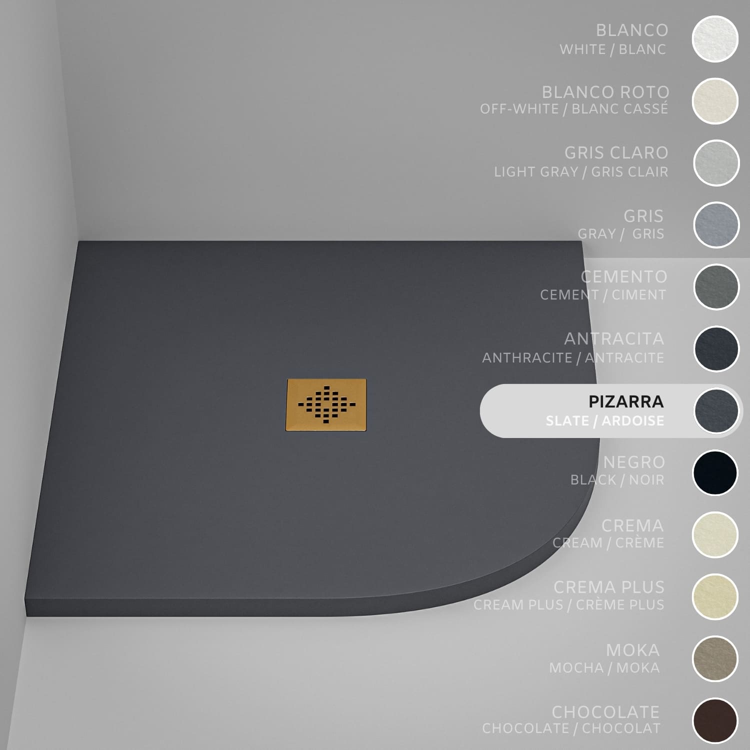 Brodzik półokrągły SOULHOME Żywica i Konglomerat Mineralny Antypoślizgowy 70x70 cm Łupek - Kratka Gold