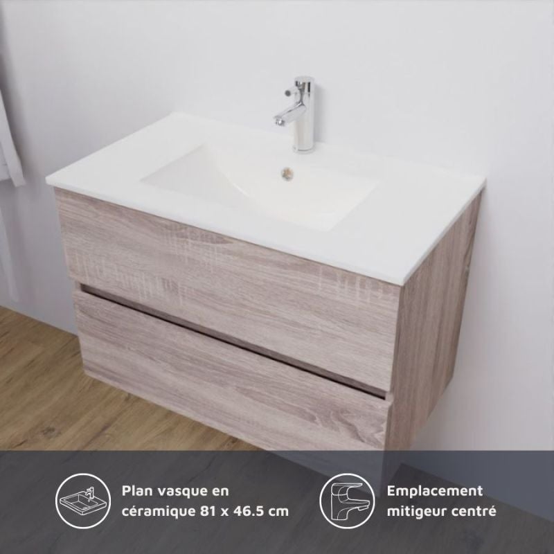 Meuble salle de bain suspendu 80 cm ROSALY | coloris : Bois | plan vasque : Céramique - 6