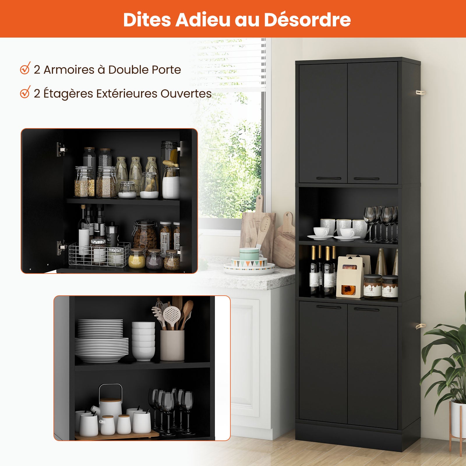 Mueble Baño, Mueble Columna Baño de 190 cm para Baño con 2 Armarios de Doble Puerta y 2 Estantes, Dispositivos Antirrebote, Estante de Baño de - 4