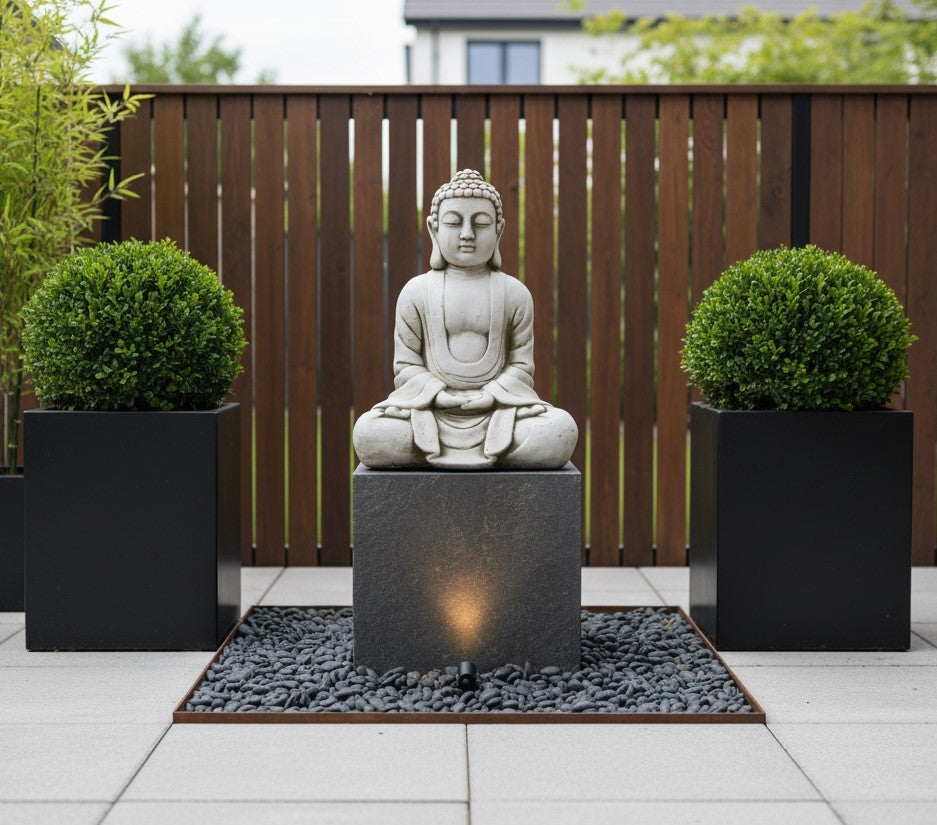 Figurine décorative de réussite du Bouddha pour le jardin 38 cm. Pierre en béton gris mousse - 2