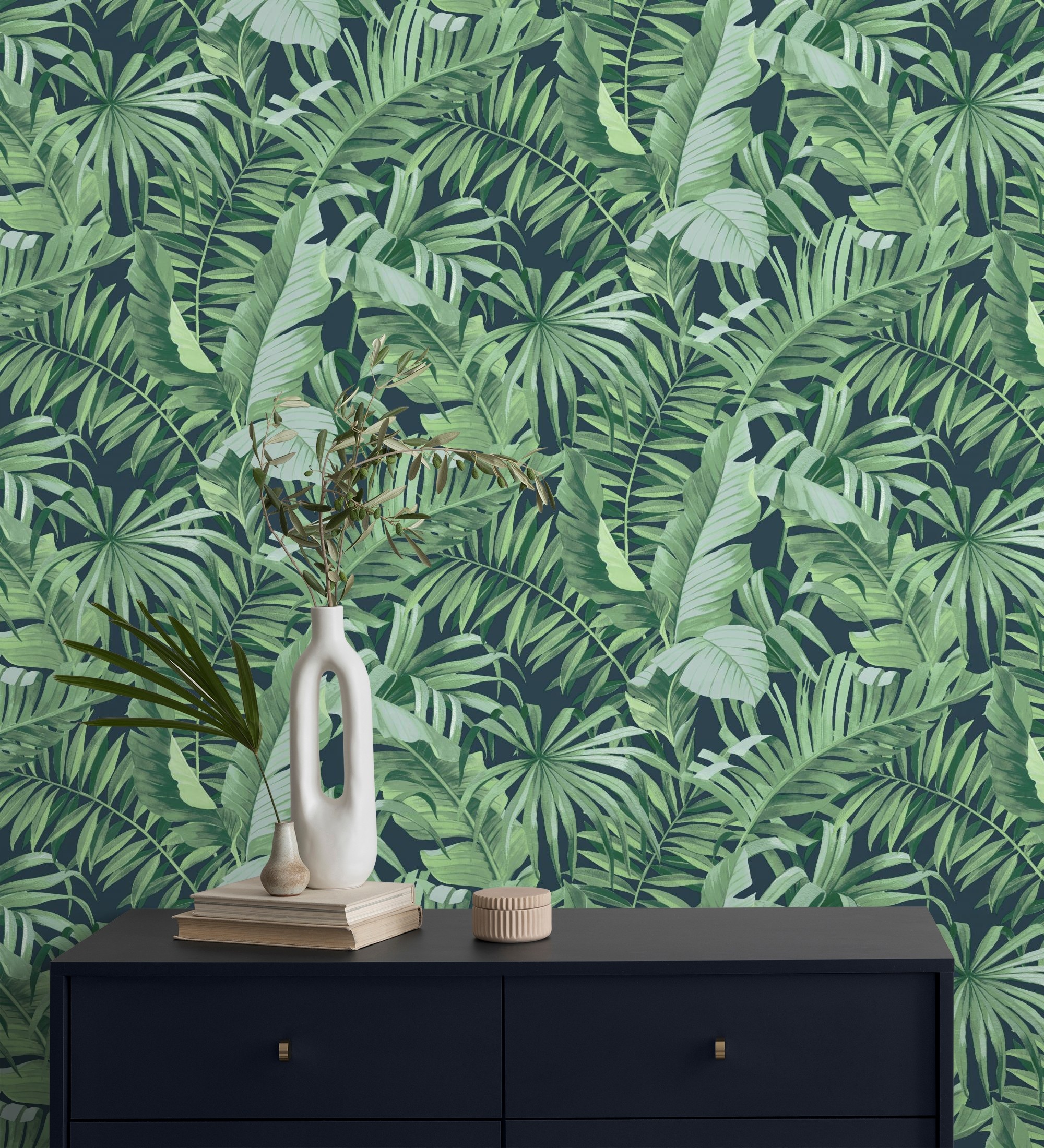 Papel pintado lavable de hojas tropicales verde fondo azul oscuro - maldivas tropical 682358 de gaulan - rollo de 10 m x 0,53 m