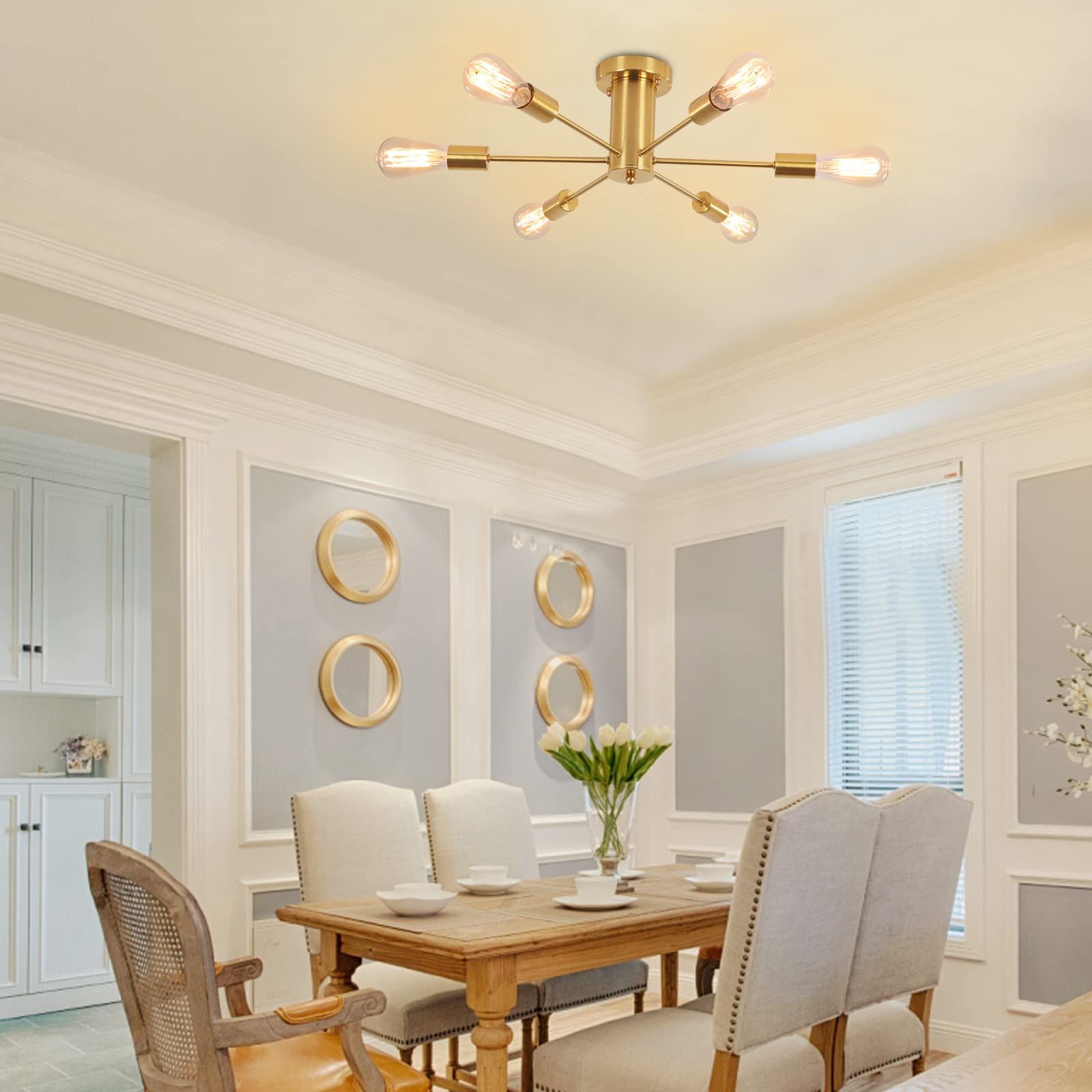 Lampa sufitowa półpłaska, lampa sufitowa z 6 głowicami, nowoczesny żyrandol Sputnik,lampawisząca z połowy XX wieku, złota (żarówka nie jest dołączona) - 2