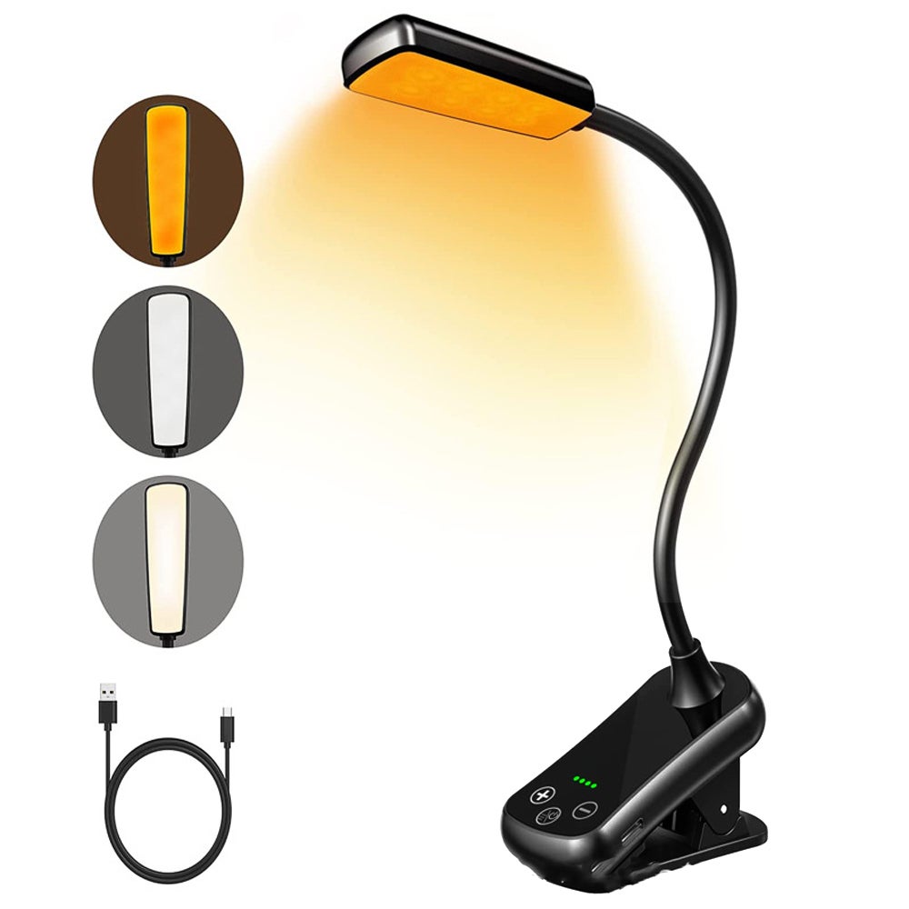 Pozioma lampka do czytania (16 diod LED), przenośna, ładowana przez USB, z klipsem, 3 kolory, sterowanie dotykowe, wskaźnik poziomu naładowania bater