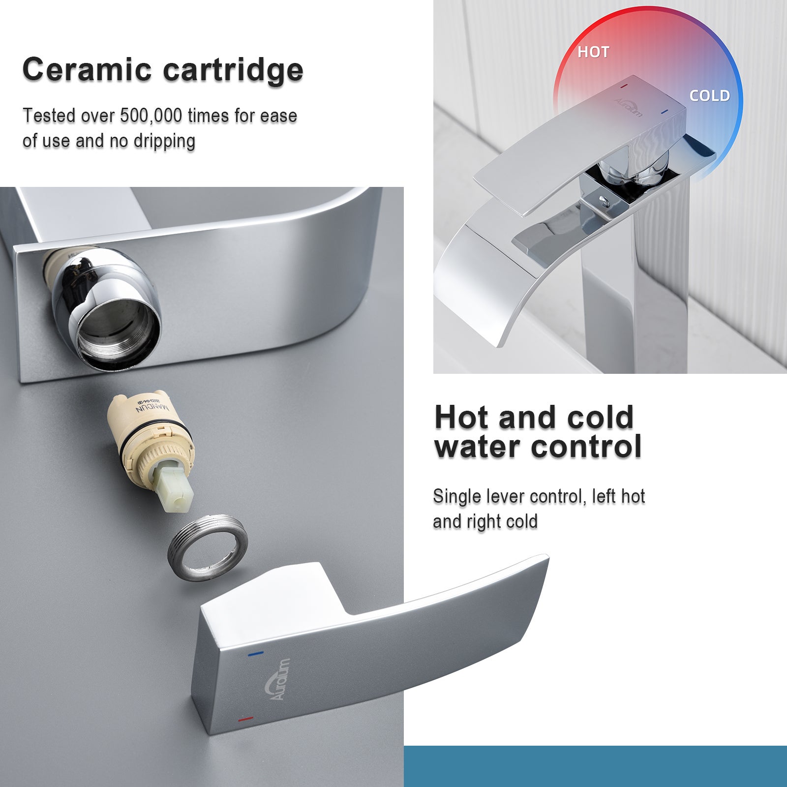 Auralum Max Moderne Robinet de Lavabo Cascade Haut,Design Elégant,Mitigeur Monocommande Lavabo en Inox 304,Eau Chaude/Froide Disponible,Chromé - 4