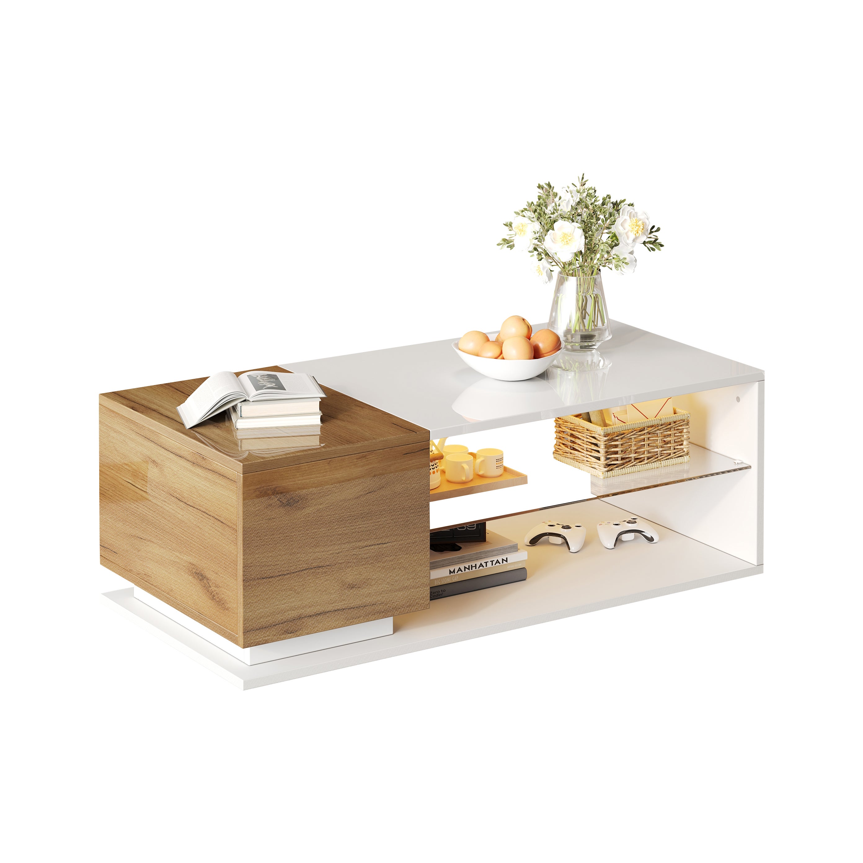 Table basse avec 1 porte et 2 étagères - 105 x 50 x 36 cm - LEDs - Panneau de particules - Blanc - 6