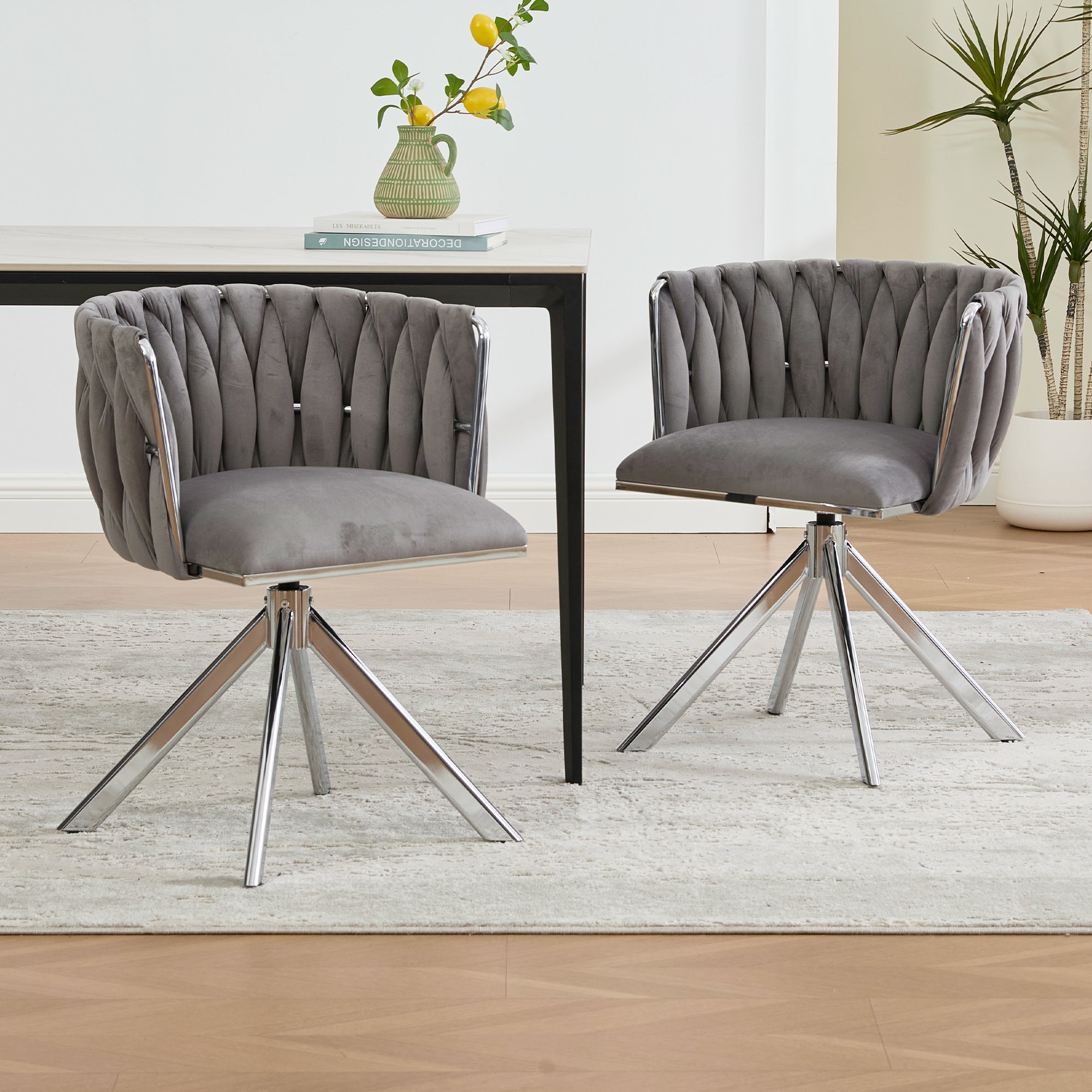 Zestaw 2 obrotowych krzeseł do jadalni z aksamitu, 180°, z podłokietnikami - 56 x 50 x 70 cm - Nogi metalowe w kolorze srebrnym - Szary