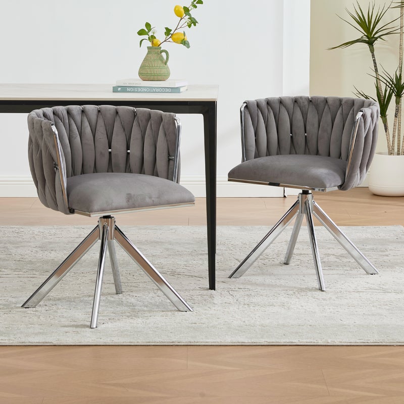 Zestaw 2 obrotowych krzeseł do jadalni z aksamitu, 180°, z podłokietnikami - 56 x 50 x 70 cm - Nogi metalowe w kolorze srebrnym - Szary