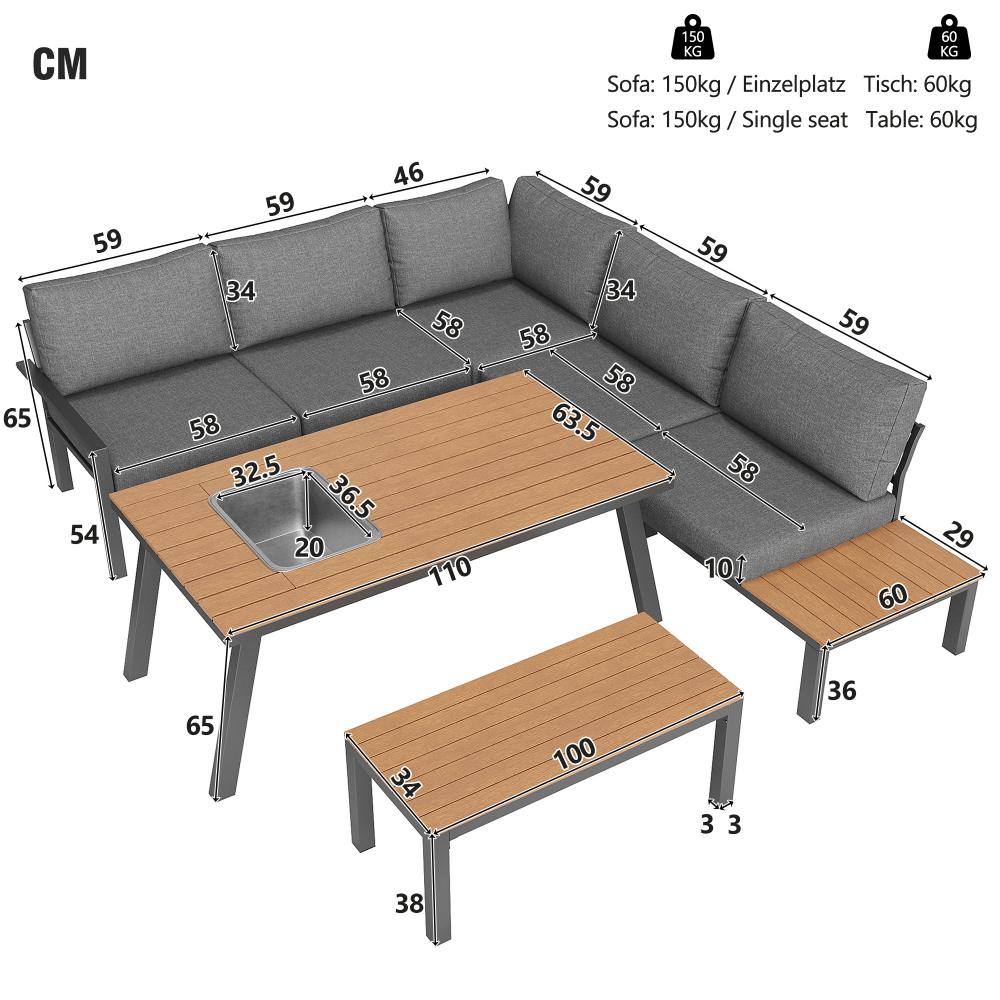 Conjunto de 5 piezas de muebles de jardín, sofá modular para exterior, balcón o terraza, grupo de asientos para patio para 6-7 personas - 3