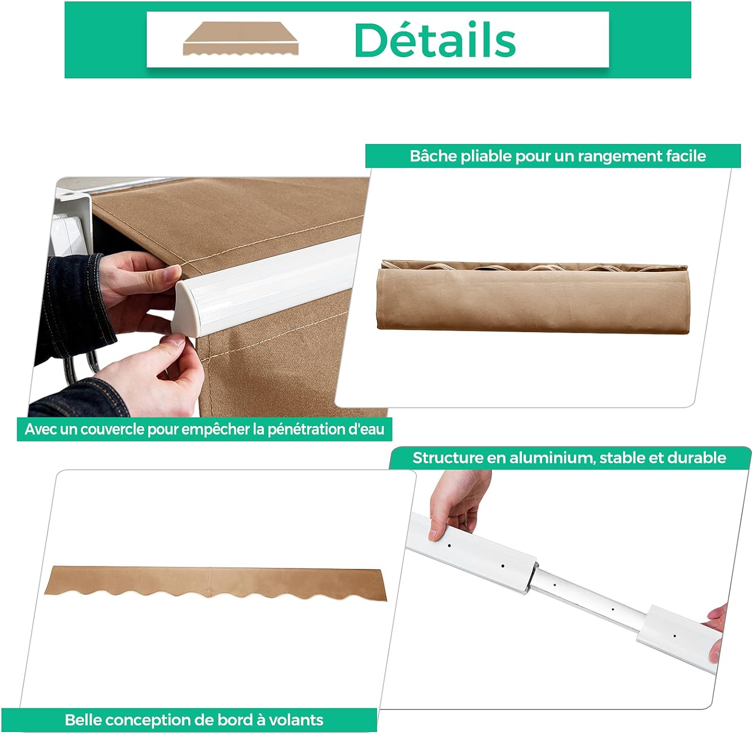 Toldo Retrátil com Manivela, Toldo Manual com Revestimento em PA e Estrutura em Alumínio Resistente para Guarda-Sol, Varanda, Jardim (295x250cm, Bege) - 4