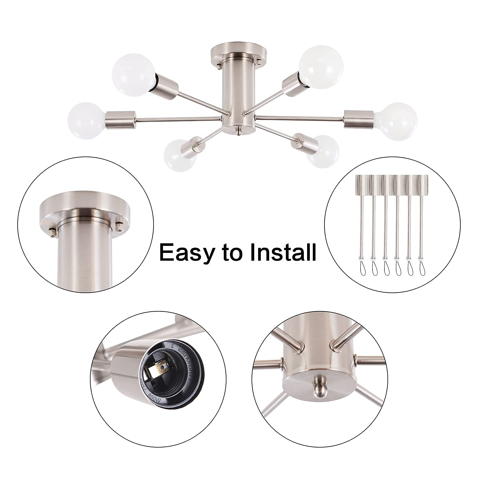 Lámpara de techo de montaje semiempotrado, 6 cabezales, candelabro Sputnik, lámpara colgante de mediados de siglo, dorada (bombilla no incluida) - 9