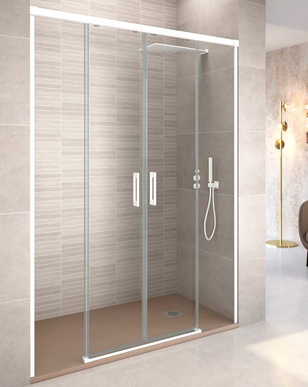 Mampara ducha corredera 2 puertas 2 fijos | 150 cm (adaptable 147-152cm) | vidrio 6 mm transparente antical | perfil blanco