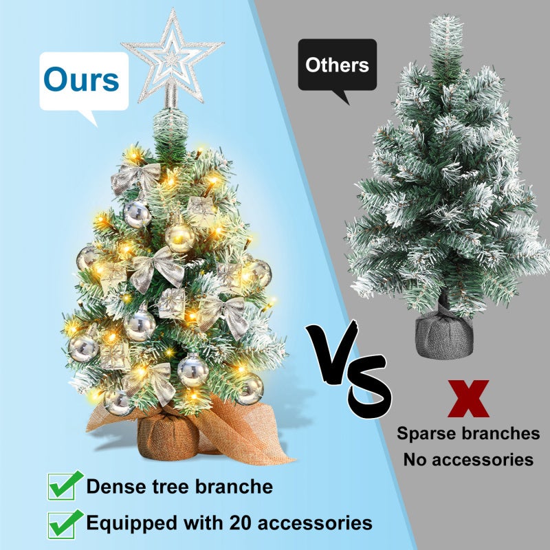 40 cm choinka stołowa, miniaturowe sztuczne choinki ze światłem, czubkiem i ozdobami choinkowymi, ozdoby świąteczne, srebro - 7