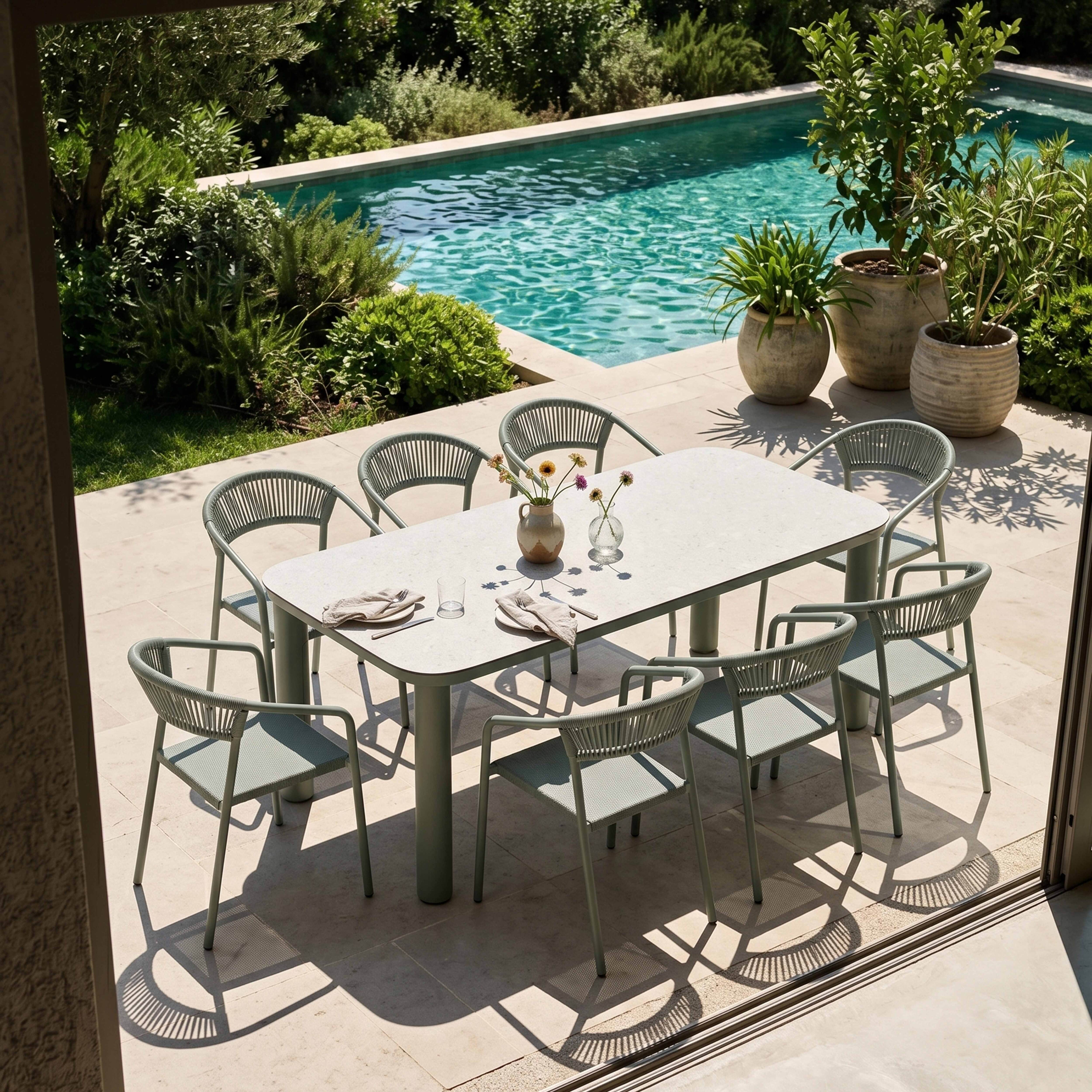 Table de jardin aluminium 213x90 cm et 8 chaises textilène vert - 9