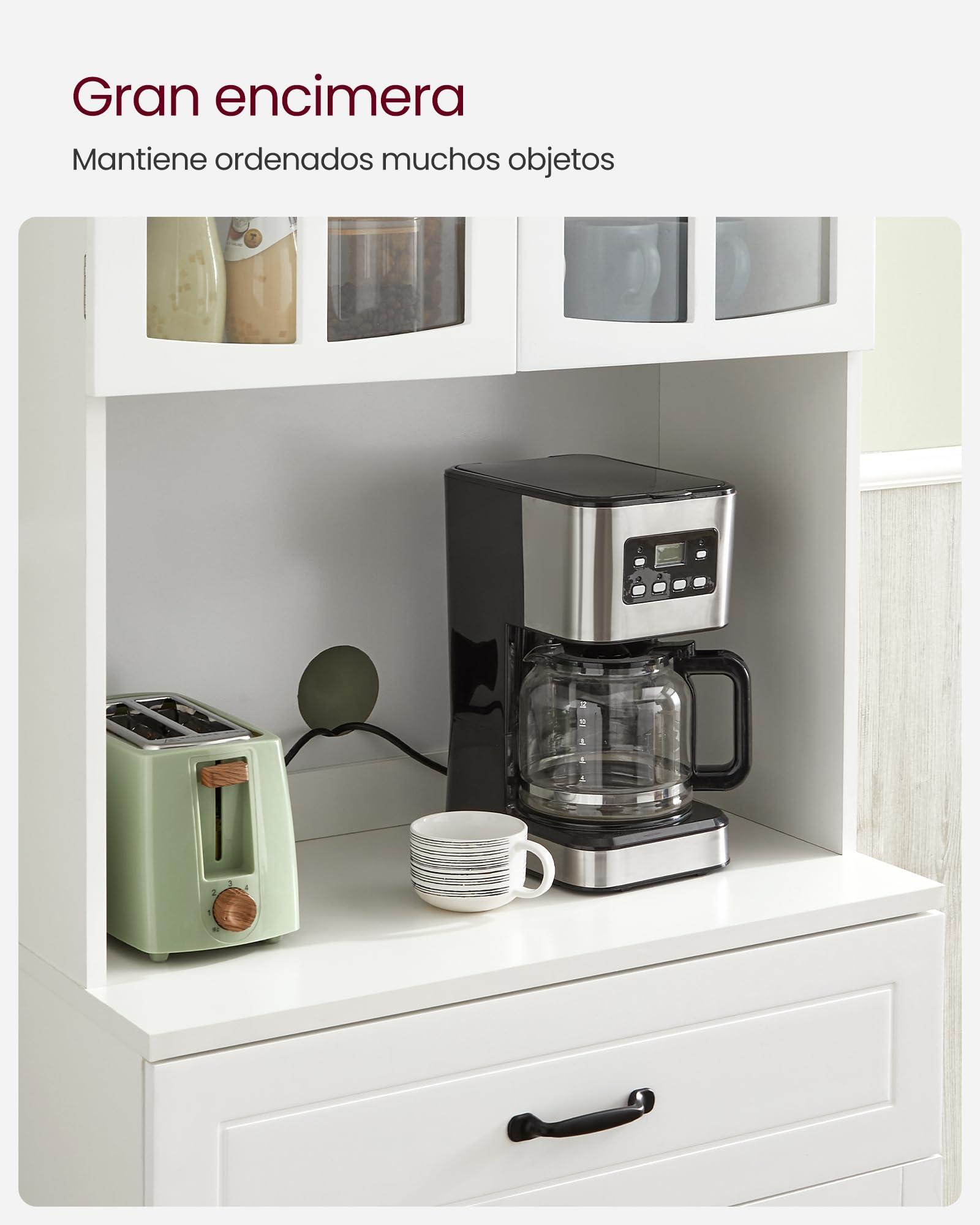 Armario alto de cocina blanco con puertas de cristal y estantes ajustables, cajón, encimera para microondas y cables, estilo moderno - 6