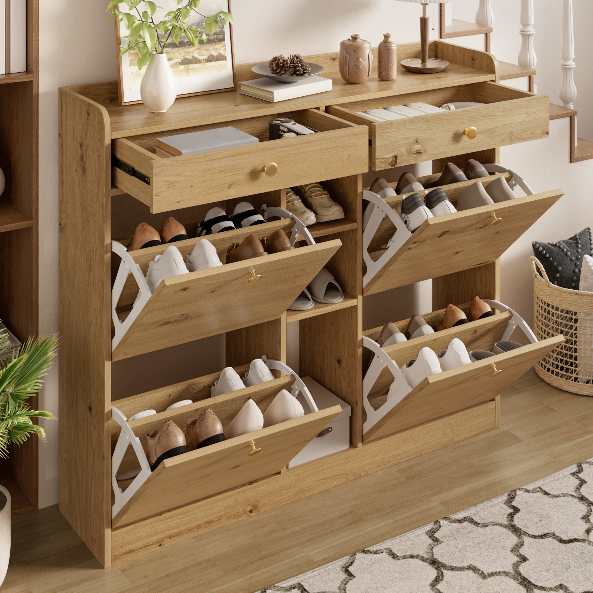 Szafa na buty 110x26x100 cm - 4 drzwi uchylne, 2 szuflady i 3 otwarte półki - Płyta wiórowa - Naturalny