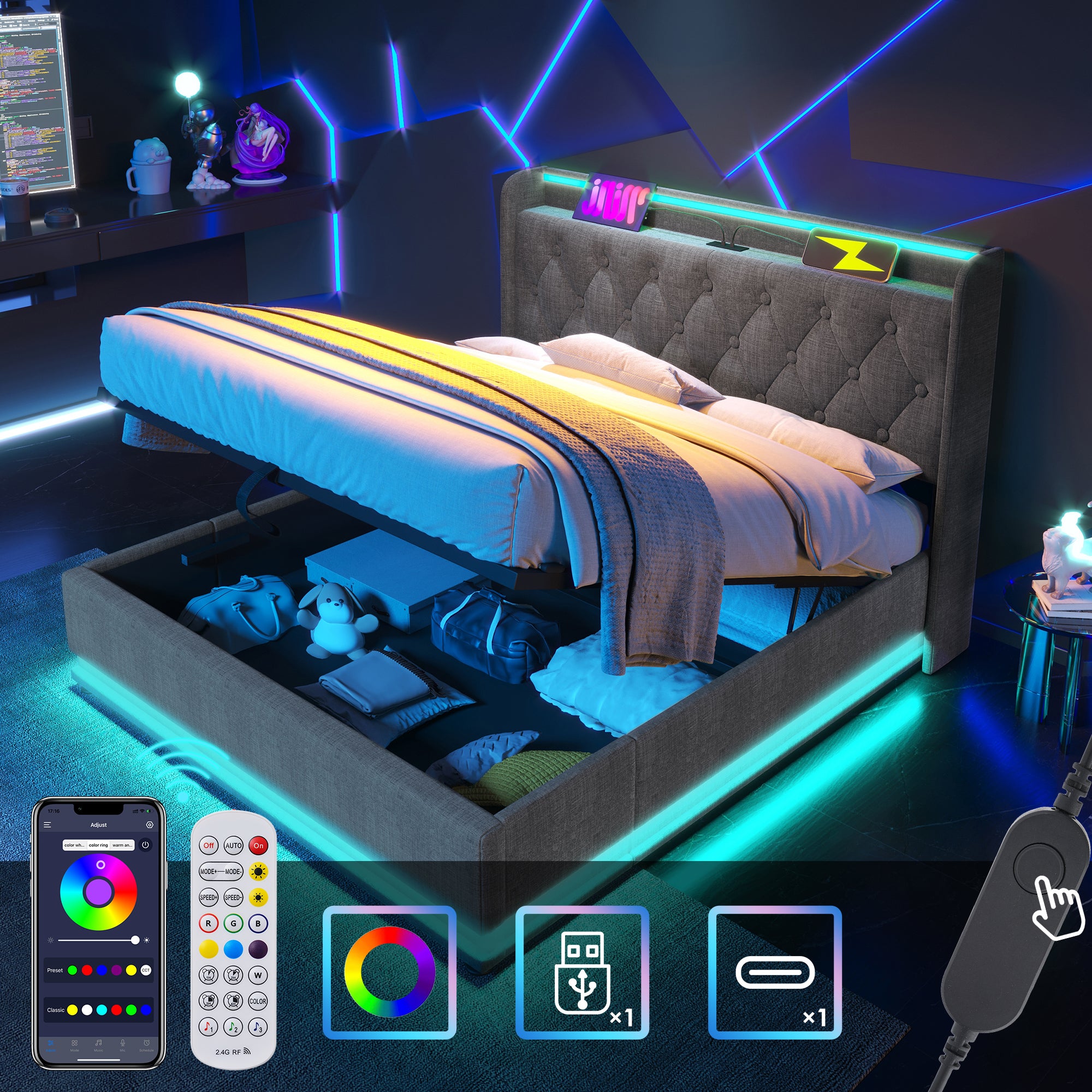 Cama con almacenaje de lino 160x200 cm - con LED y enchufes USB y tipo C - Gris - 3