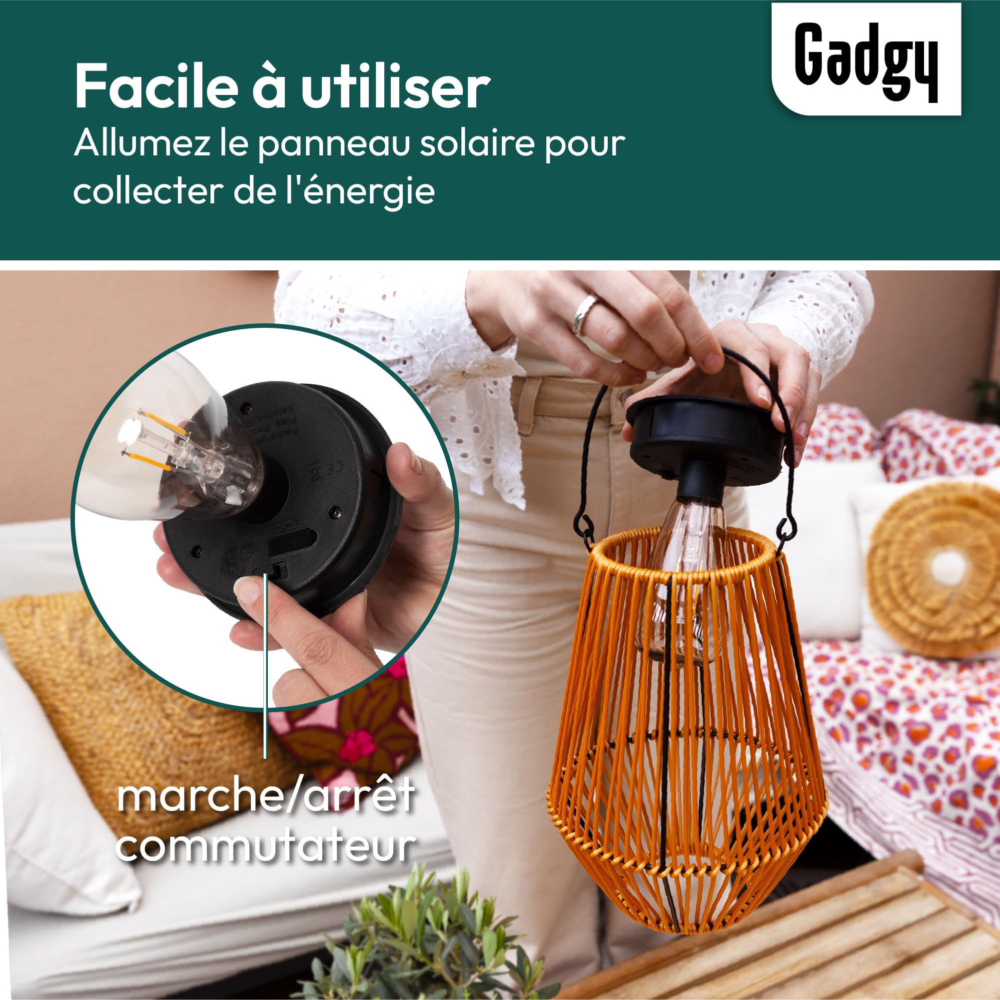 Lot de 2 lampes solaires en rotin, lanternes solaires d'extérieur,lampes solaires de jardin, étanchéité IP55 pour jardin,terrasse, porche,balcon, cour - 6