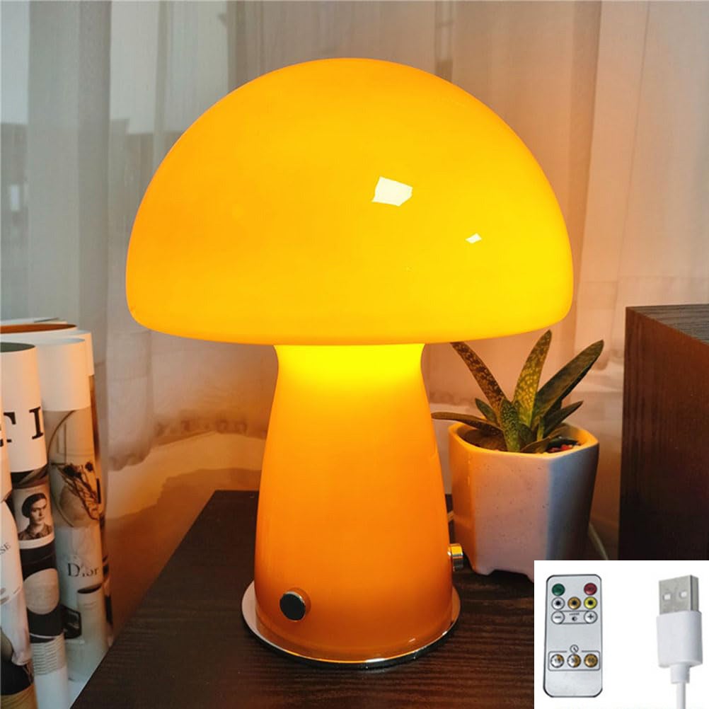 Szklana lampa stołowa grzybek, gniazdo USB, lampka nocna, regulowana temperatura barwowa 3000K/4500K/6000K, z pilotem (pomarańczowy)