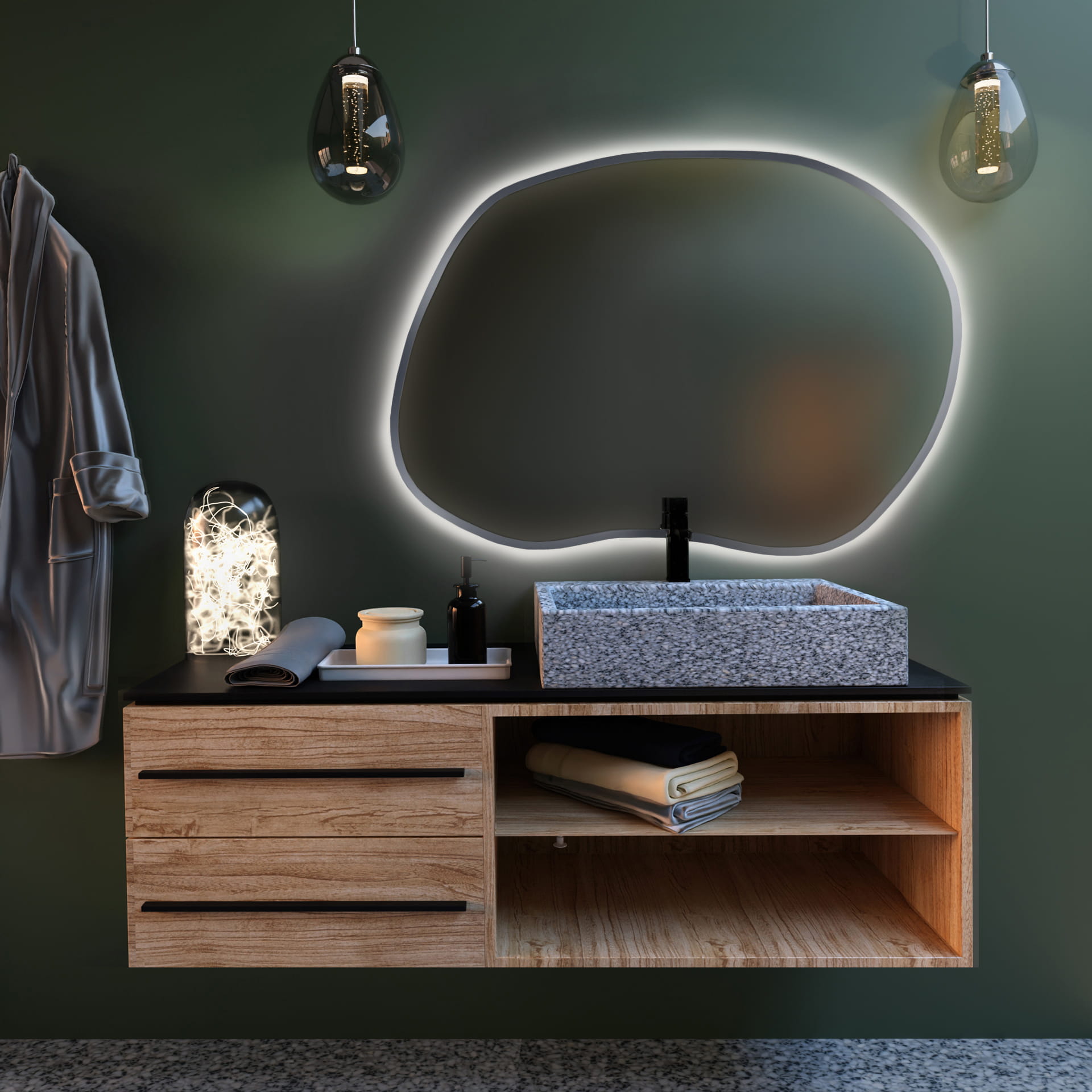 Lustro nieregularne Tiny Border Stain II 80x57 ramka srebrna barwa światła neutralna+sensor+mata