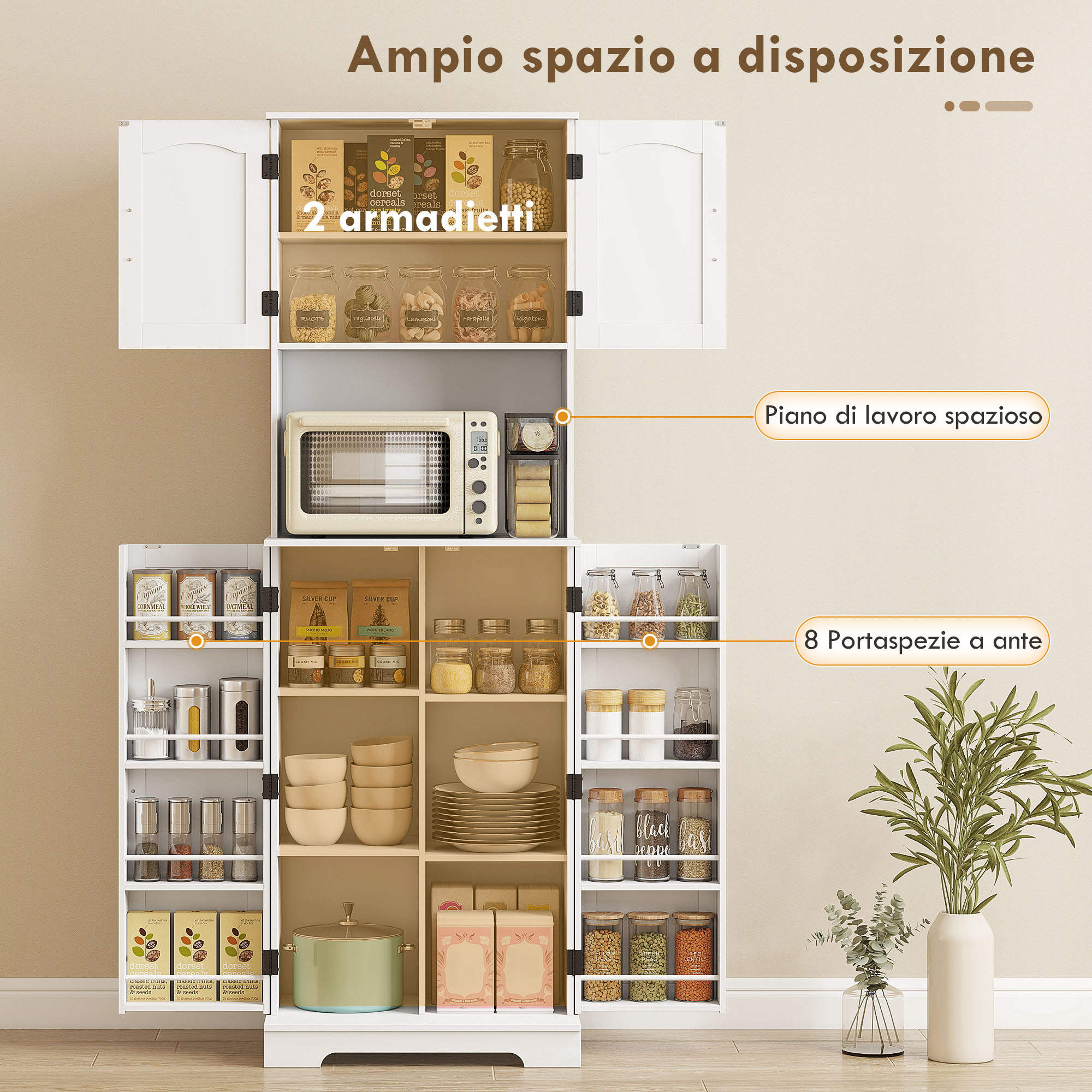 Meuble de cuisine de 181,5cm de haut,avec 8 étagères à épices sur la porte,4 portes,étagères réglables,support pour micro-ondes,blanc. - 6