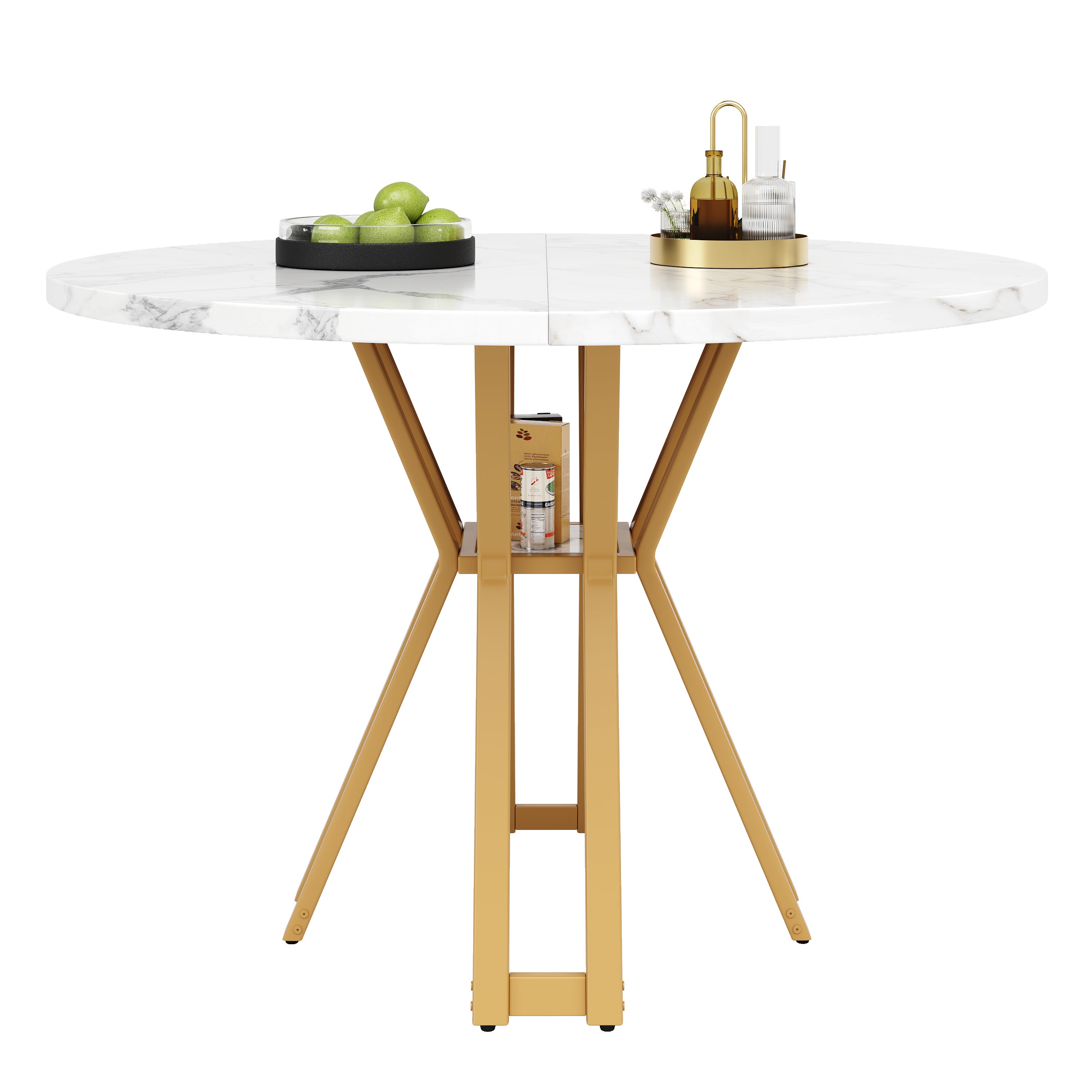 Okrągły stół jadalny dla 4-6 osób - D 100 x W 76 cm - Blat z płyty MDF marmurkowy i nogi metalowe w kolorze złotym - Biały + złoty - 8