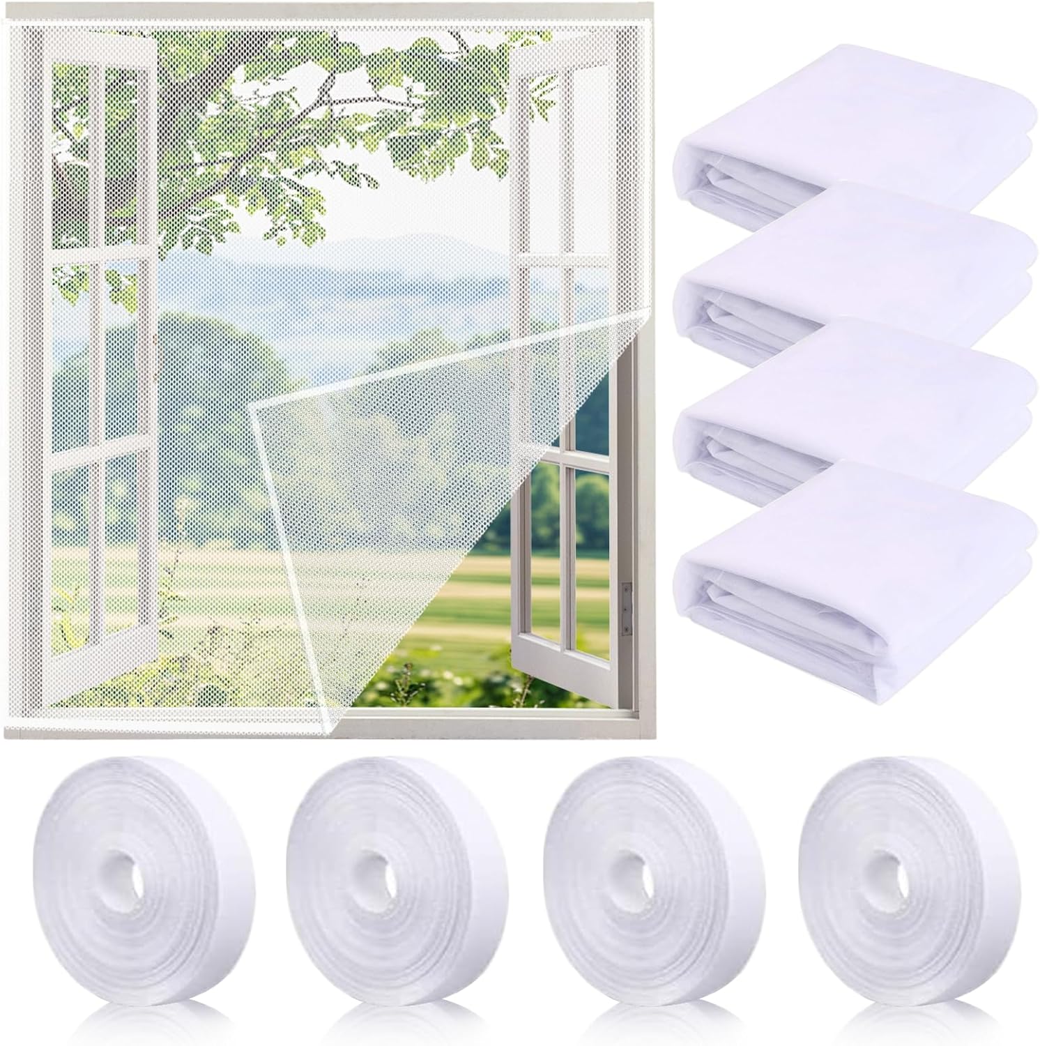 Zestaw 4 moskitier okiennych z 4 rolkami taśmy samoprzylepnej, odpornych na zagniecenia i zużycie, pasujących do większości okien (150 x 130 cm) (bi
