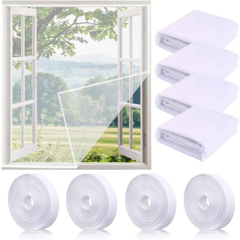 Zestaw 4 moskitier okiennych z 4 rolkami taśmy samoprzylepnej, odpornych na zagniecenia i zużycie, pasujących do większości okien (150 x 130 cm) (bi