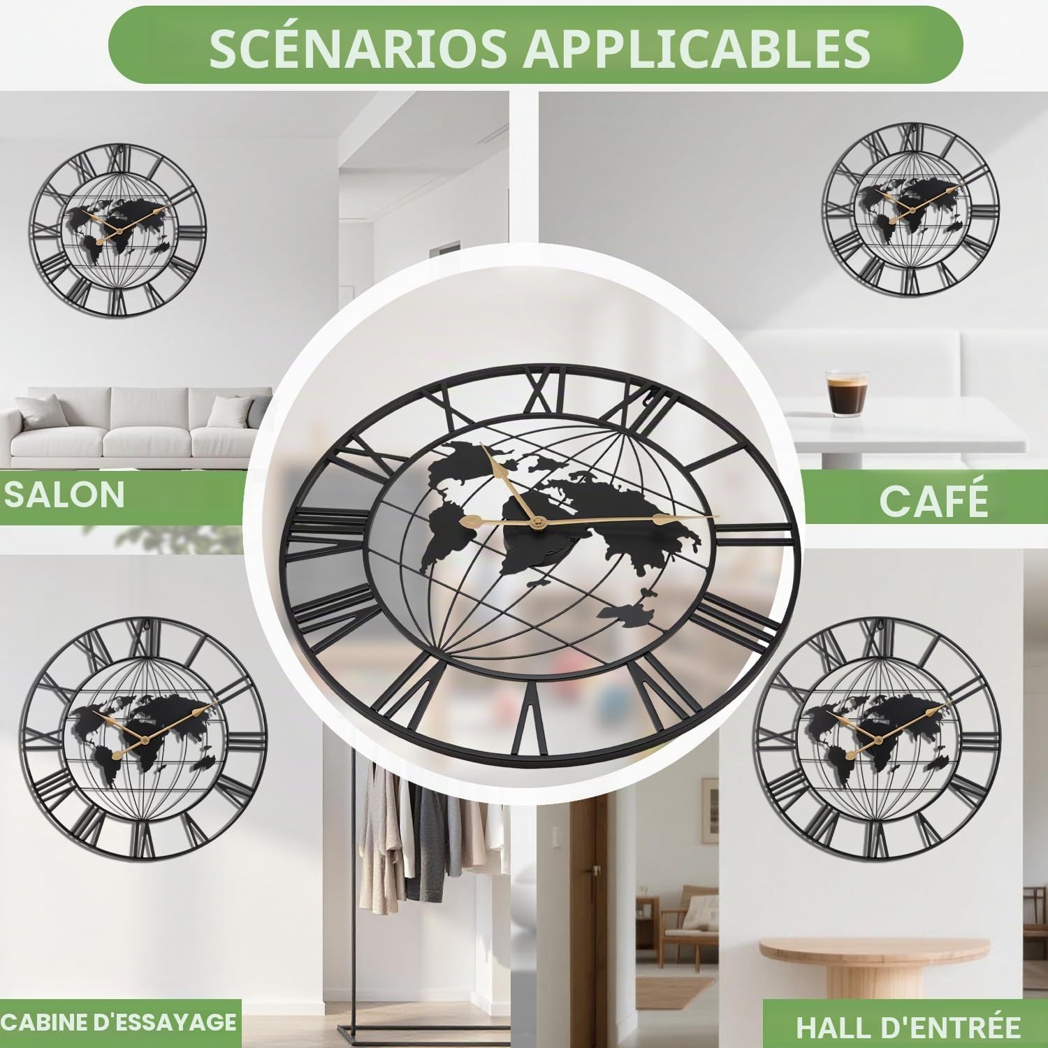 Reloj de pared grande, moderno y minimalista de metal con mapa del mundo, redondo, decorativo, funciona con pilas, ideal para salón, oficina o escuel - 6