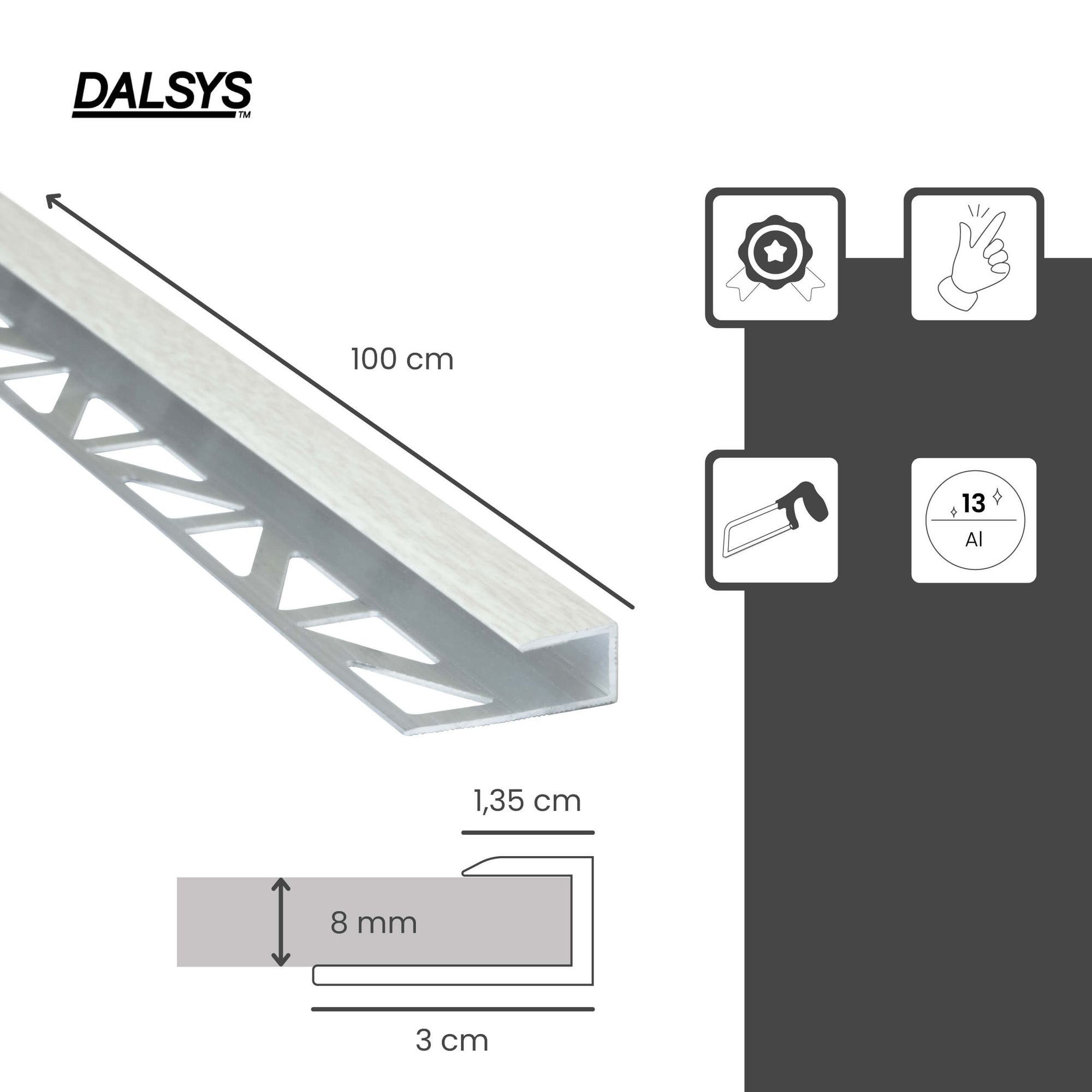 Profil de transition/finition 100 cm pour épaisseur de 8 mm, à encastrer, aluminium, chêne rustique Dalsys - 2