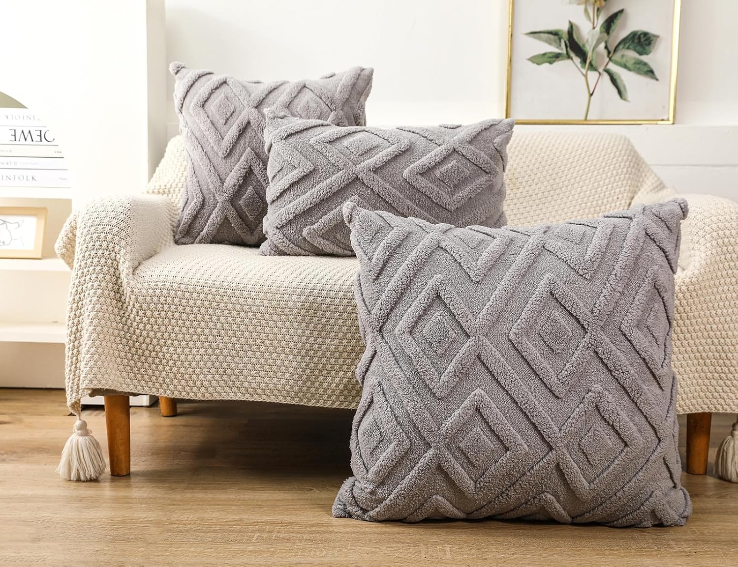 Taies d'oreiller grises - motif à carreaux doux, style bohème - conviennent pour le salon, la chambre, etc. - Lot de 2, 30×50 cm - 3