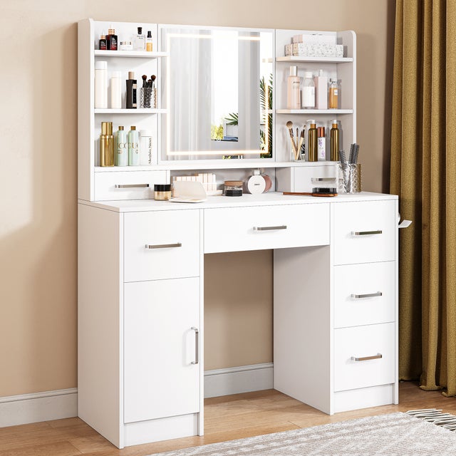 Grande Coiffeuse avec éclairage LED et Miroir, Luminosité Réglable, Coiffeuse avec Prise, 8 Tiroirs et 7 étagère Ouvertes pour Chambre à Coucher Blanc