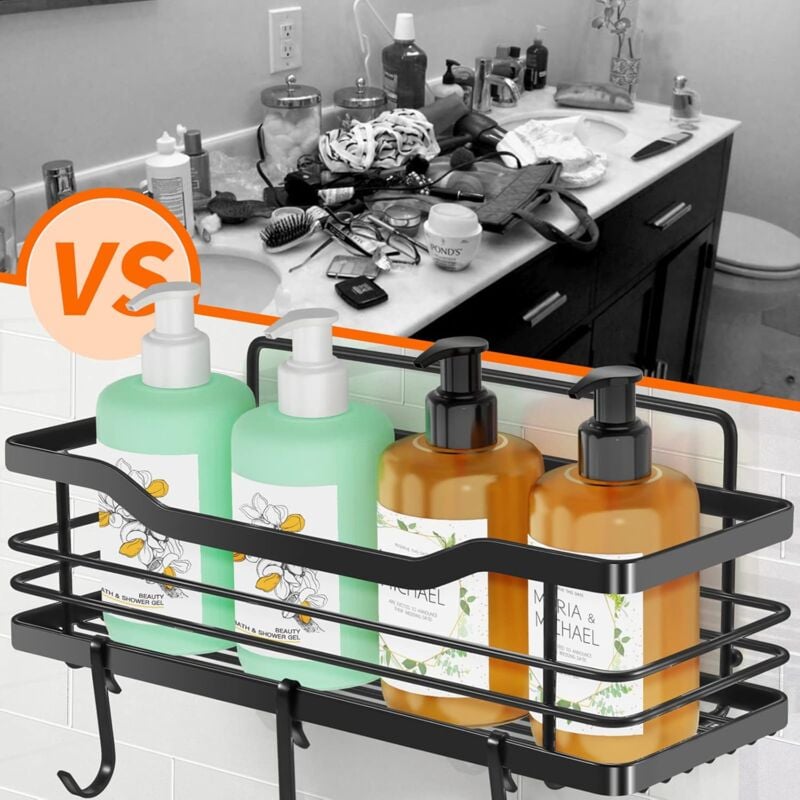 Set Di 4 Mensole Per Doccia Senza Trapano In Acciaio Nero, Con Ripiani, Portaspazzolino E Portasapone, Adesivi Forti