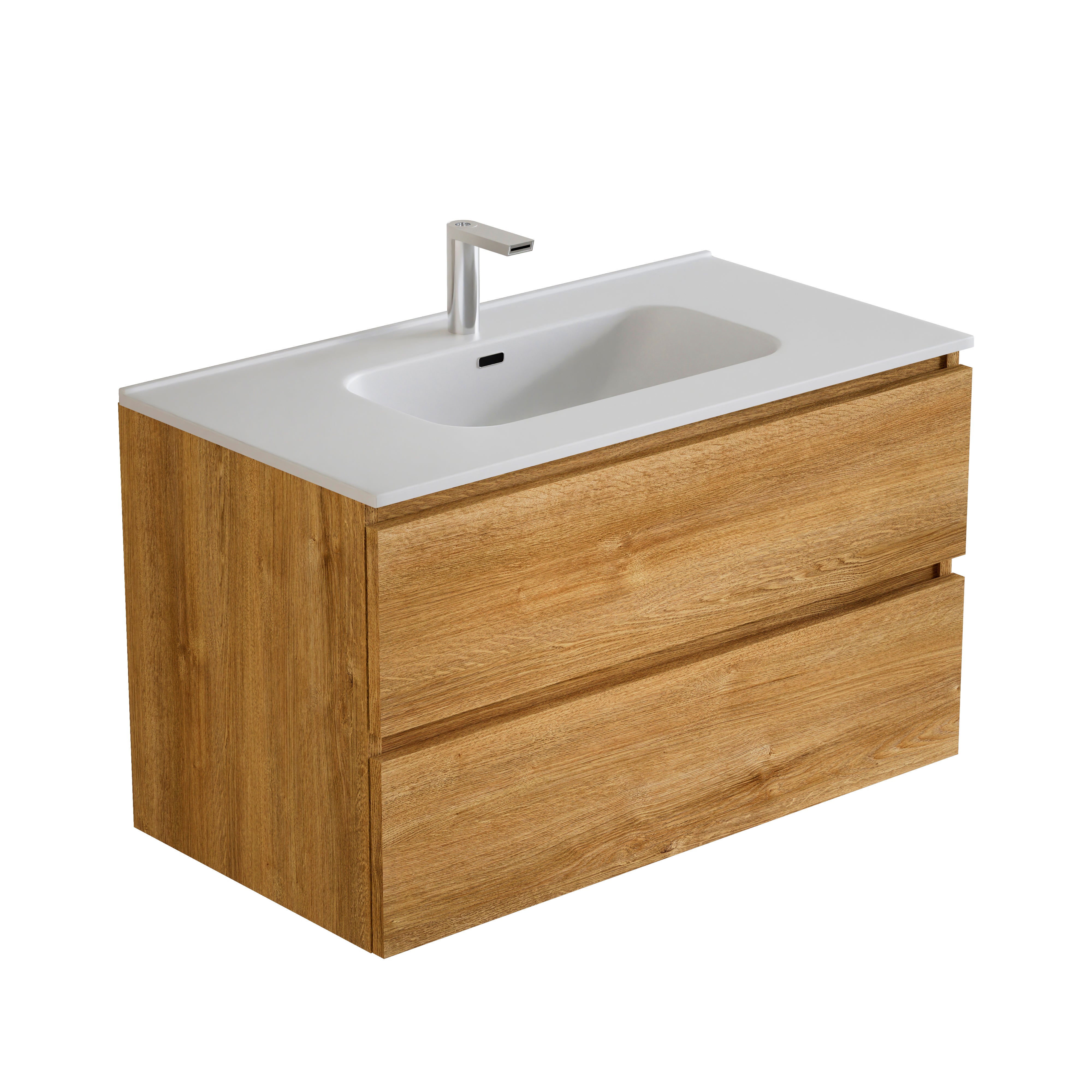 Feel Your Bath, Mueble de Baño Color Madera 100cm con Encimera Cerámica Blanca Brillo – Elegante, Compacto y Fácil de Instalar - 3