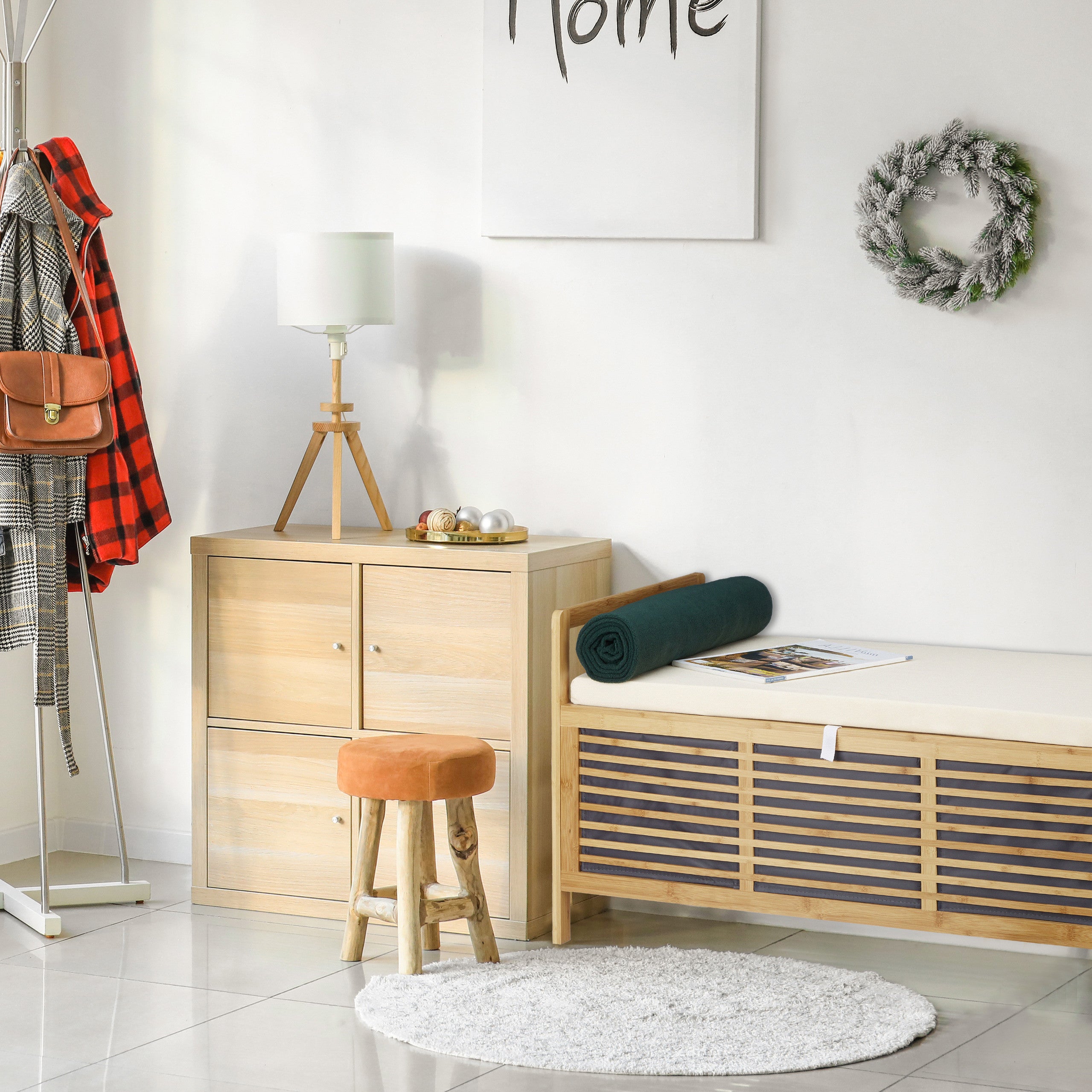 Banc avec rangement et coussin, coffre en bambou pour l'entrée, taille L, 50 x 93 x 48 cm, naturel, Relaxdays - 2