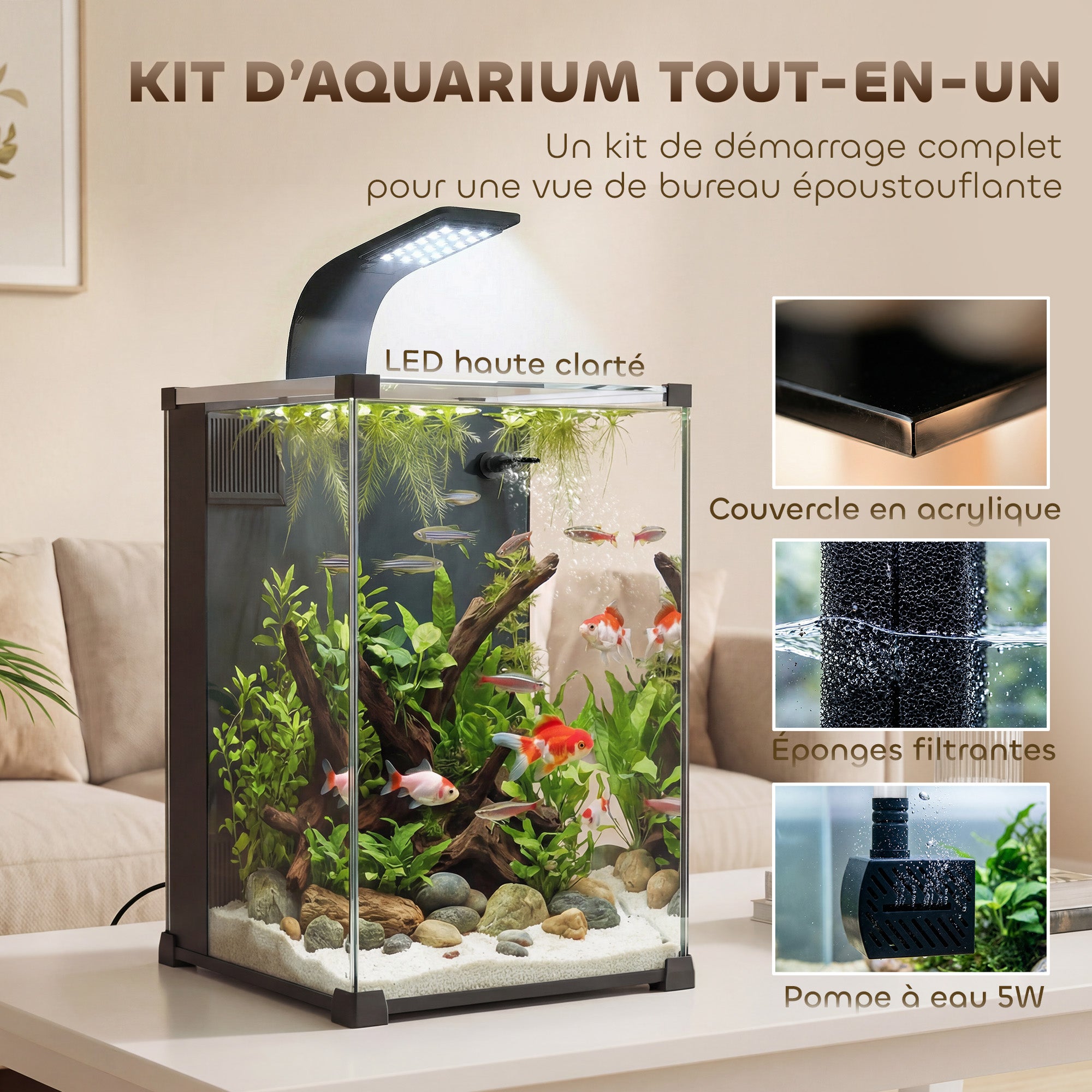 Nano acuario de cristal templado con filtro integrado, bomba de 5 W e iluminación LED, 30x30x45 cm, negro. - 6