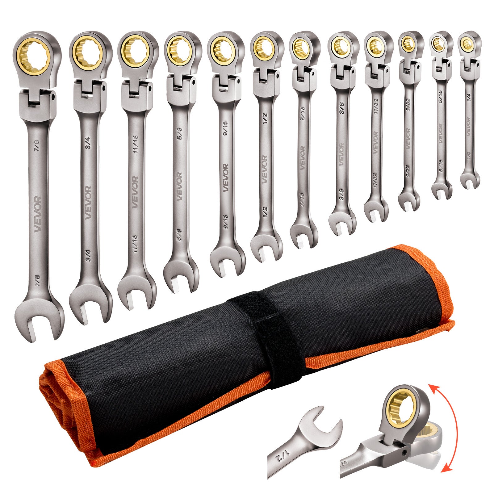 Set de chei combinate VEVOR cu 12 piese, cheie fixă ​​cu clichet și cap flexibil, dimensiune SAE, capăt deschis, 72 dinți, oțel Cr-V