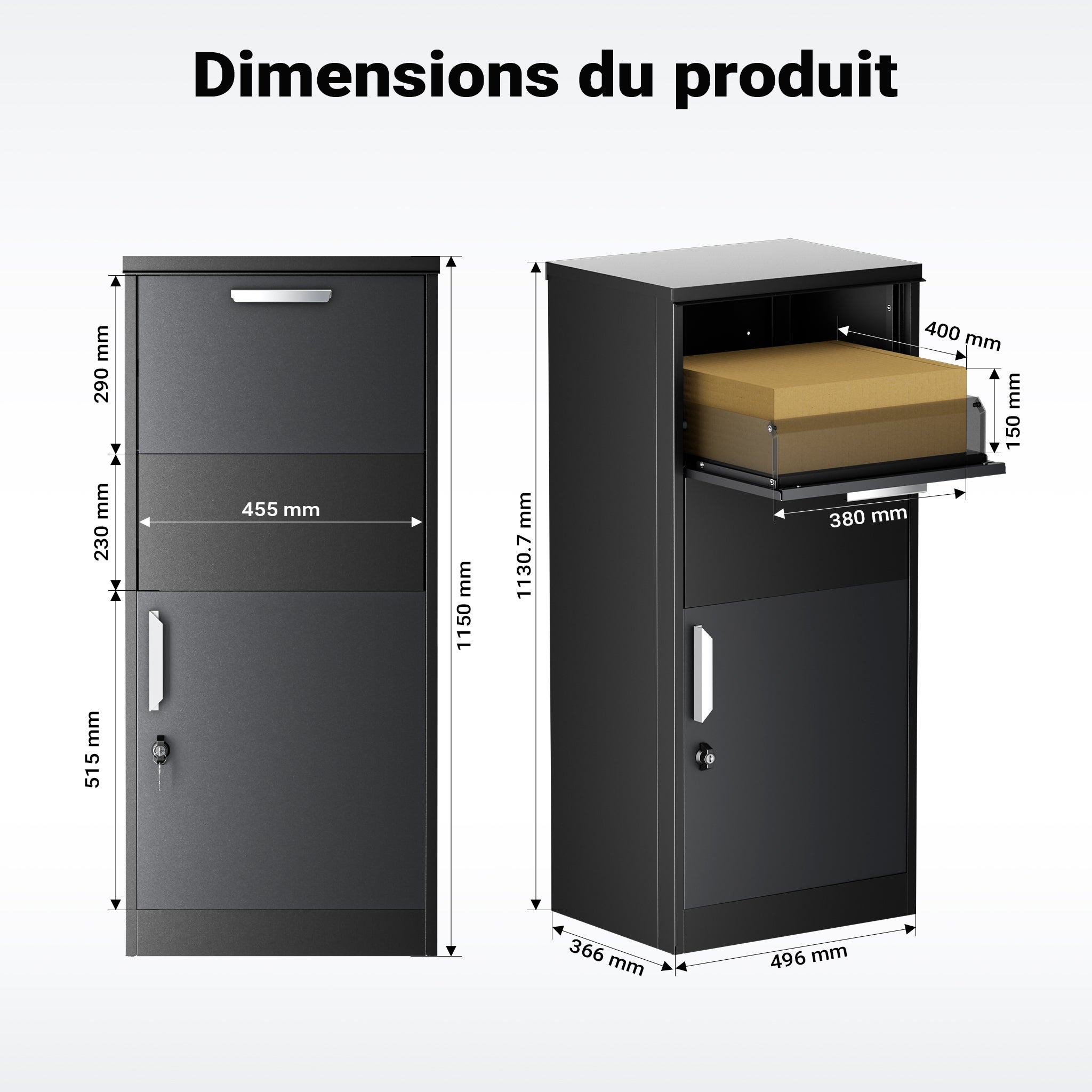 Boîte à colis verrouillable noire 500 x 375 x 1150 mm, Boîte aux lettres sur pied, pour colis max. 150 x 400 x 400 mm, Usage domestique… XPOtool - 3