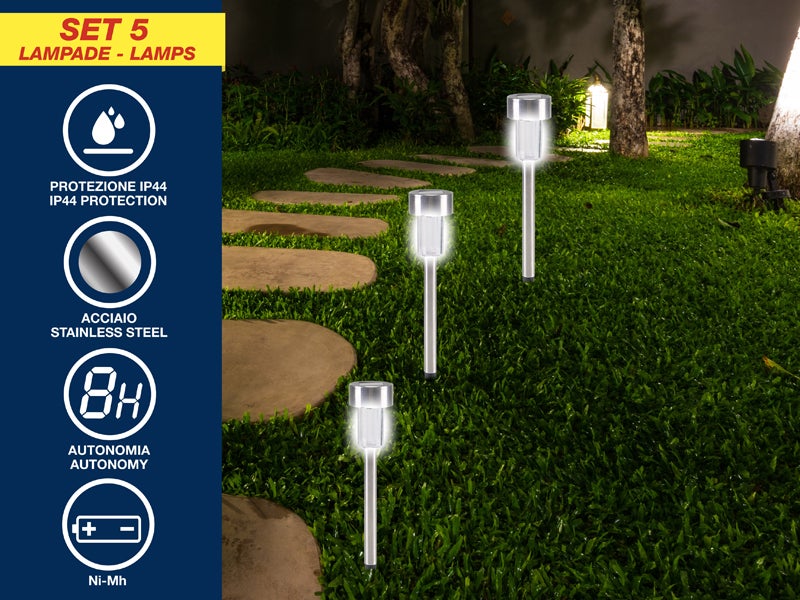 Set 5 Lampade Segna Passi Solari Da Esterno - Faretti LED IP44 Per Giardino, 37 Cm Acciaio