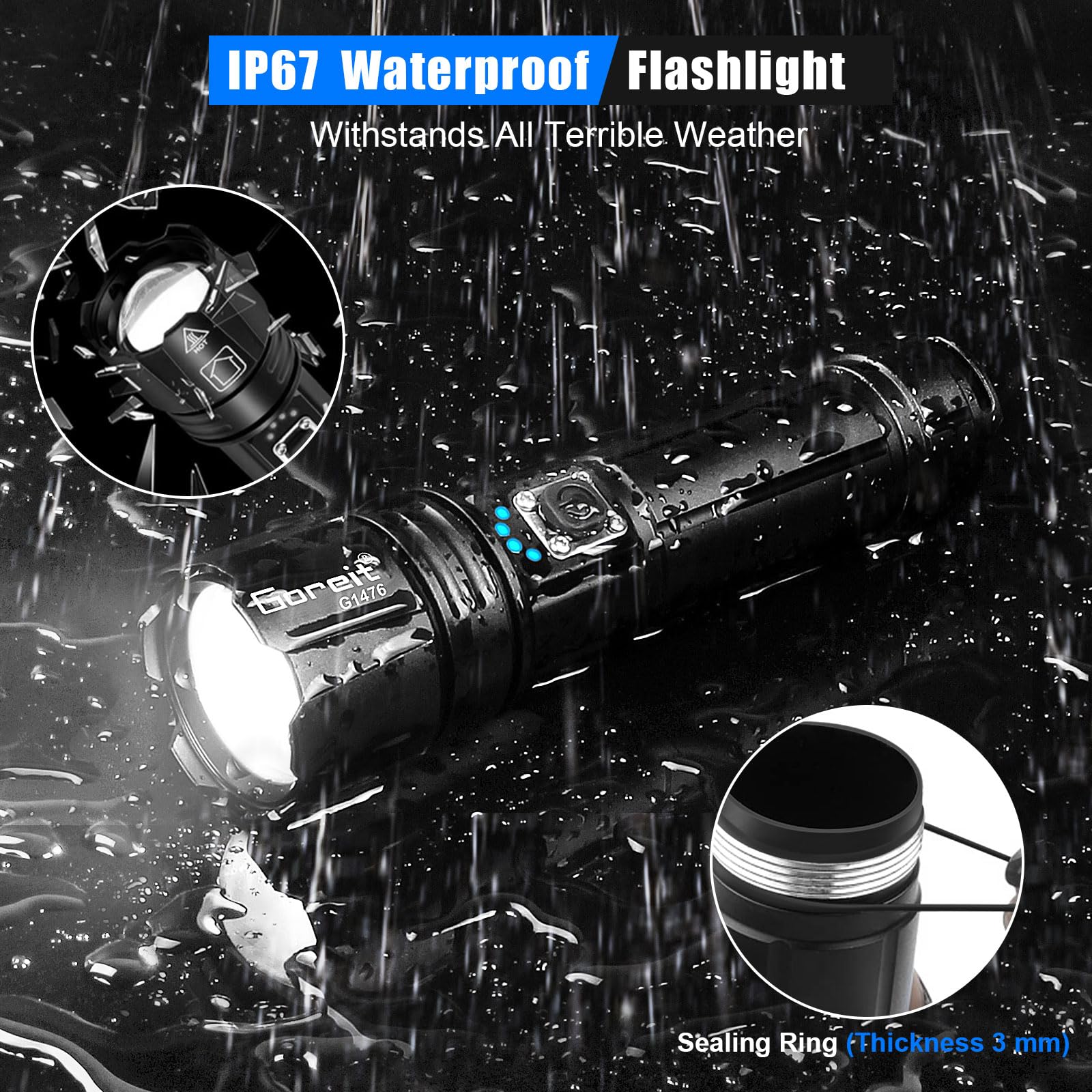 Lampe Torche LED, 2000000000LM Lampe de Poche Rechargeable, Lampe Torche Tactique, 50000mAh Batterie, IPX6 Étanche, 5 Modes & Zoomable - 7