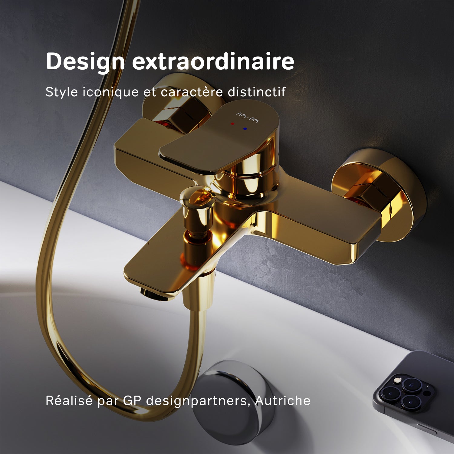 Mitigeur de baignoire mécanique Robinet salle de bain, mitigeur de bain, Doré taille M, X-Joy FXA10099 AM.PM - 2