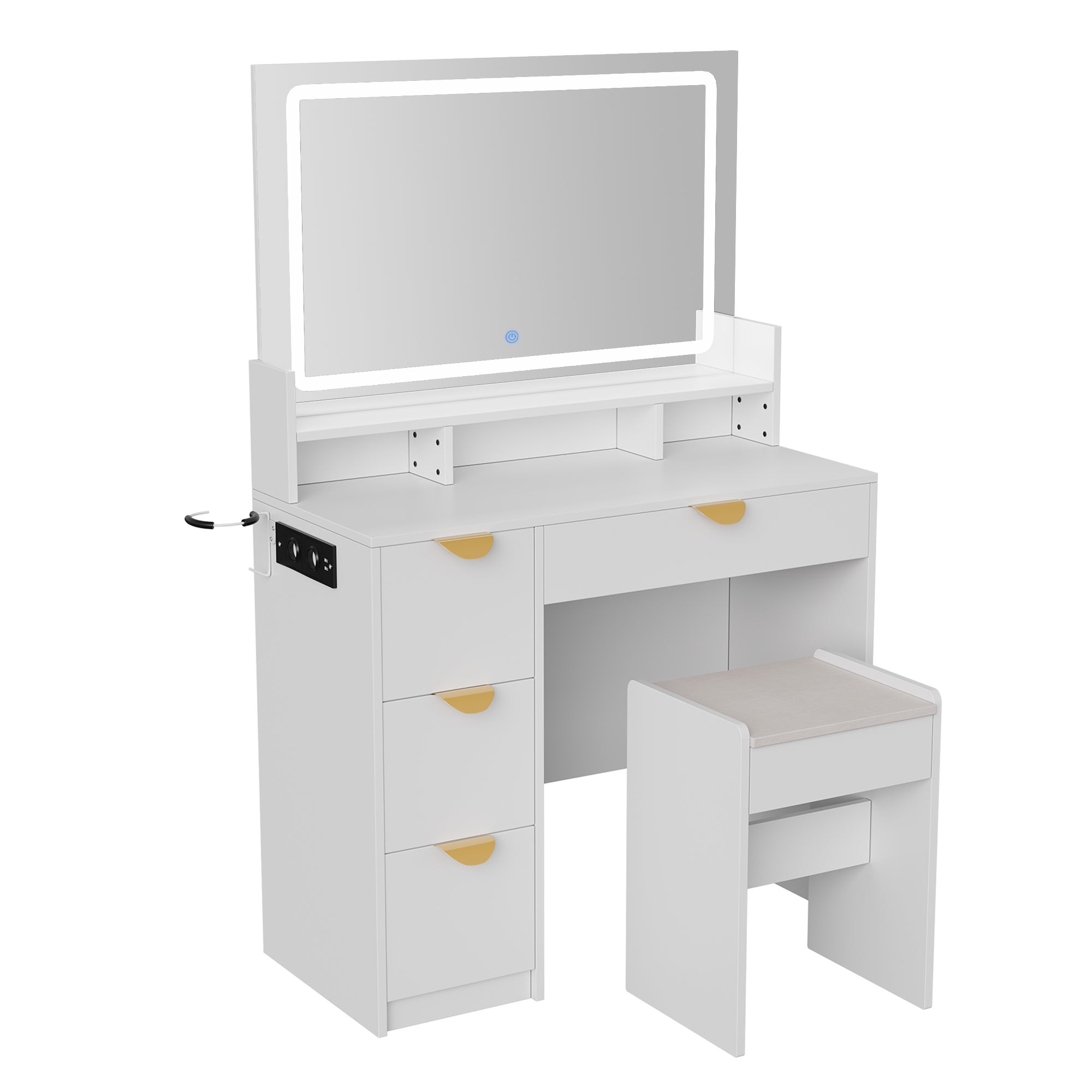 Coiffeuse blanche, miroir LED tactile tricolore, 4 tiroirs, prise électrique intégrée, 1 tabouret, support pour sèche-cheveux - 40x90x140 cm - 7
